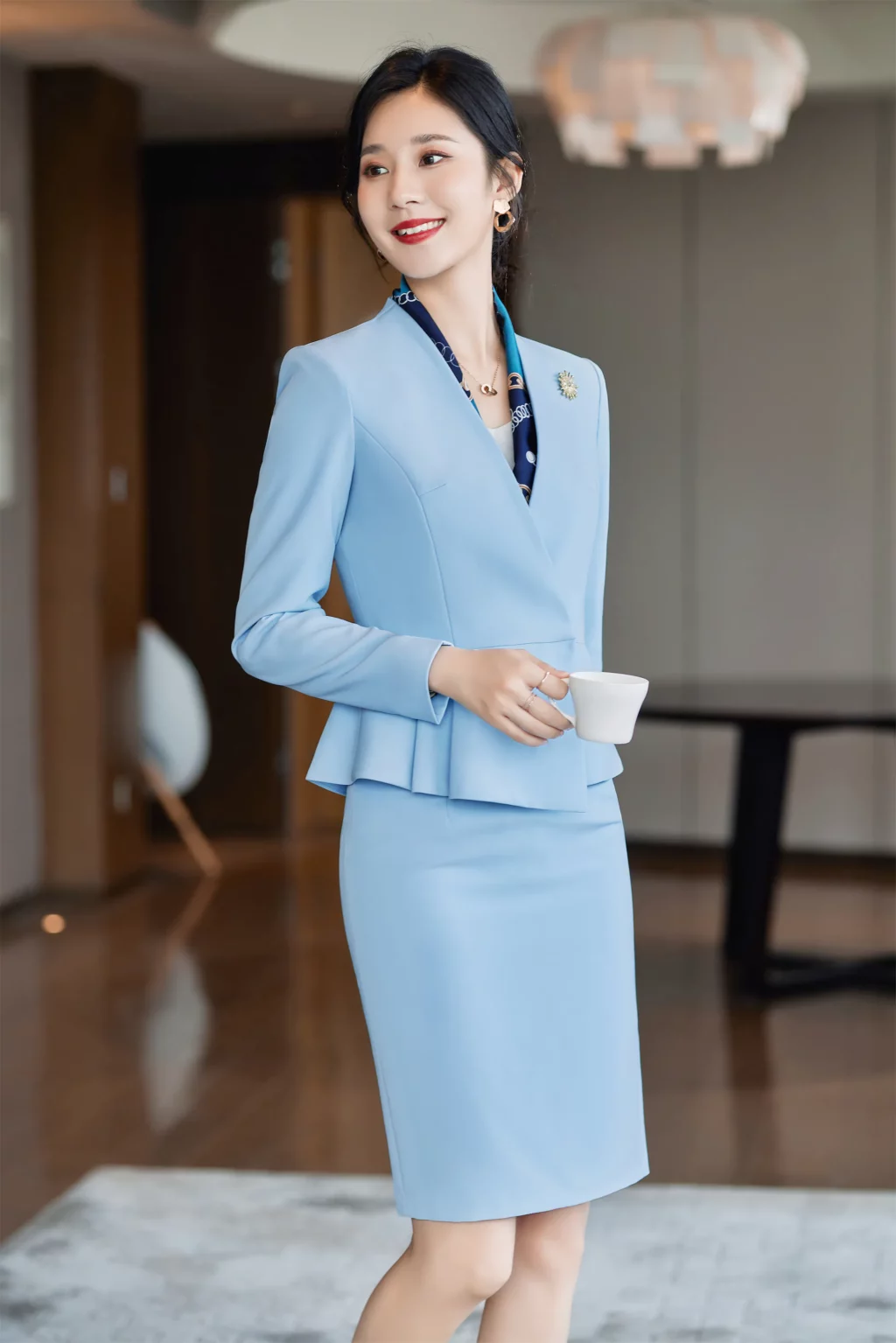PN3933-4 ชุดสูททำงานผู้หญิงสีฟ้าไม่แต่งปกแขนยาวมาพร้อมกระโปรง