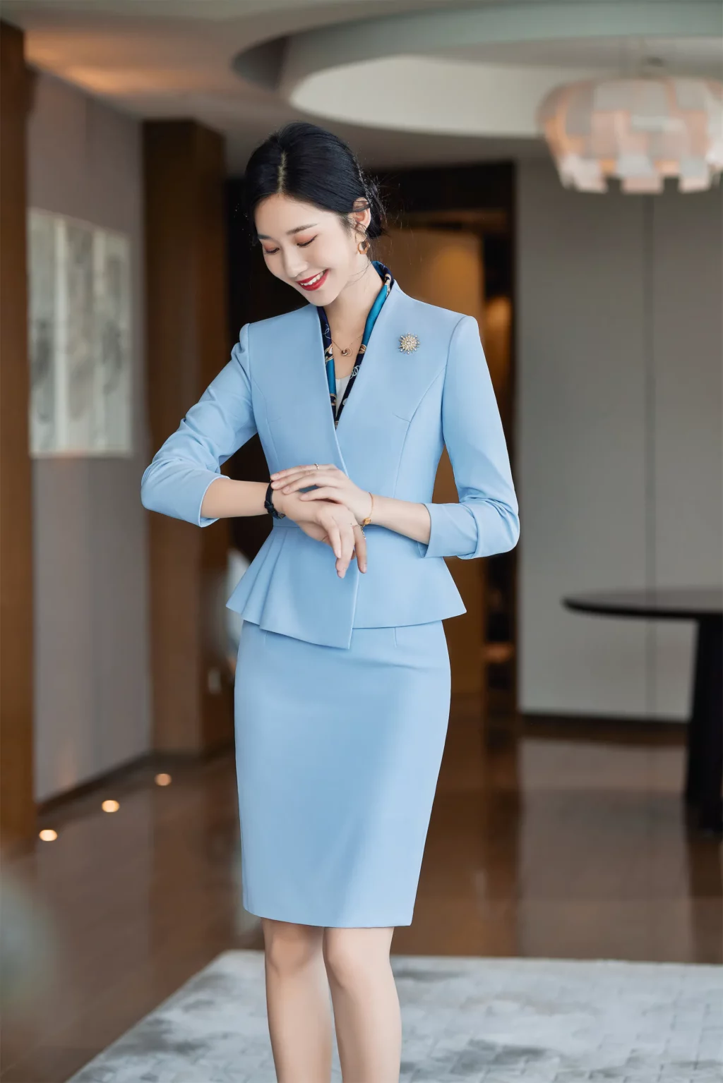 PN3933-5 ชุดสูททำงานผู้หญิงสีฟ้าไม่แต่งปกแขนยาวมาพร้อมกระโปรง