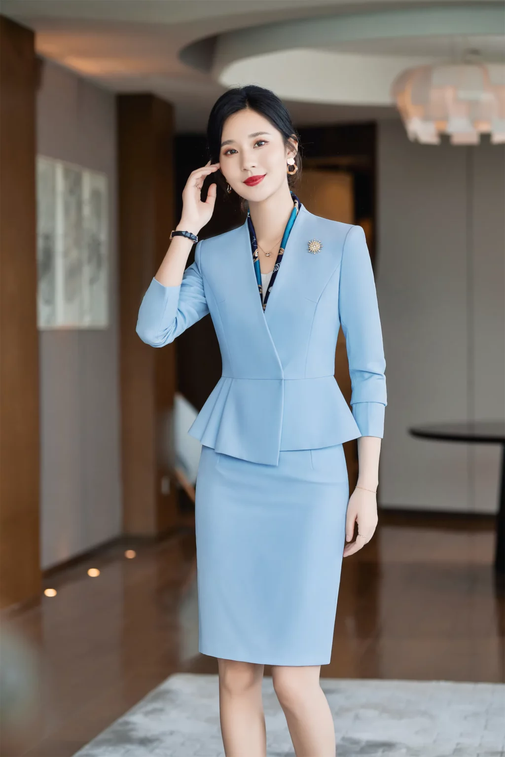 PN3933-6 ชุดสูททำงานผู้หญิงสีฟ้าไม่แต่งปกแขนยาวมาพร้อมกระโปรง