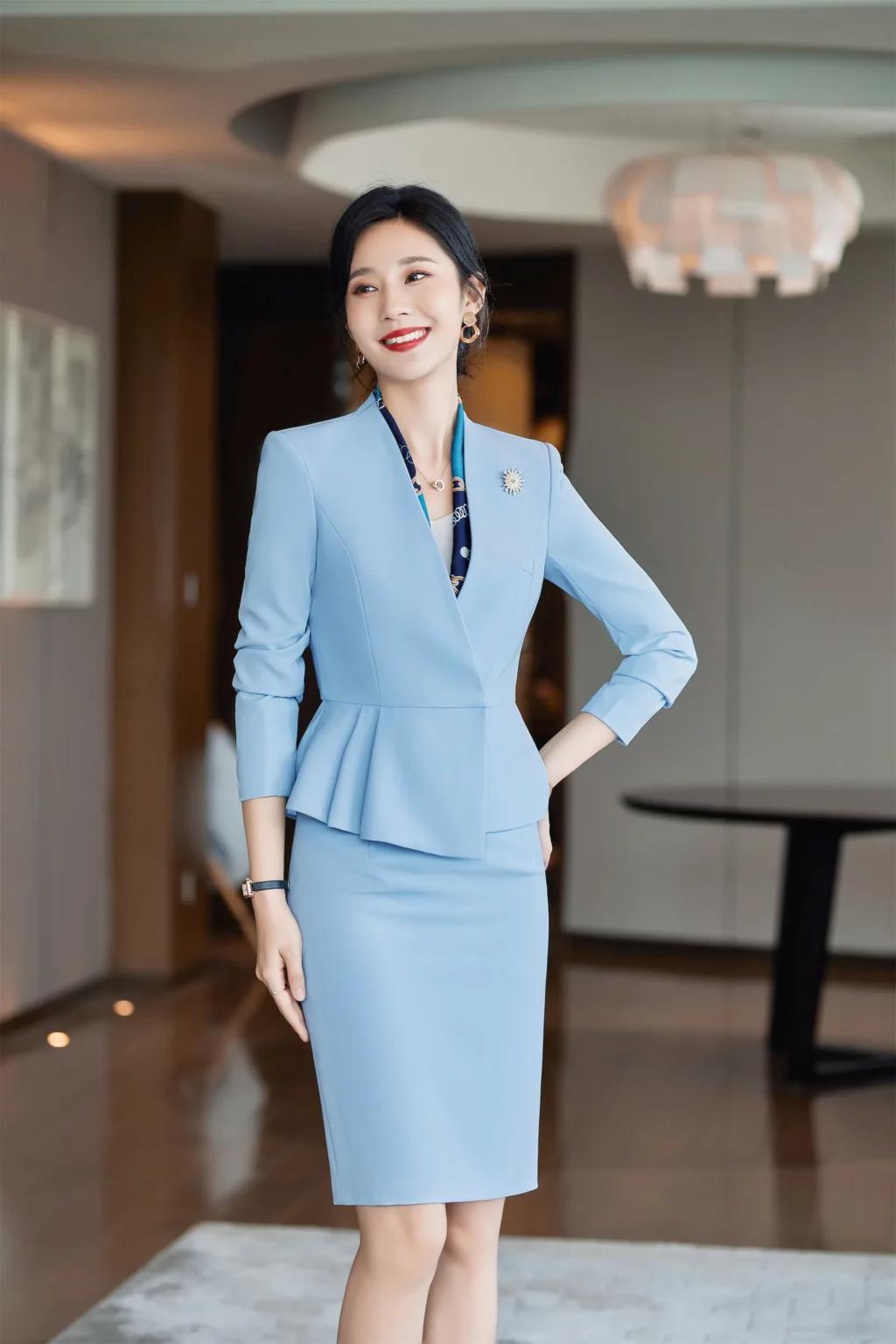 PN3933-7 ชุดสูททำงานผู้หญิงสีฟ้าไม่แต่งปกแขนยาวมาพร้อมกระโปรง