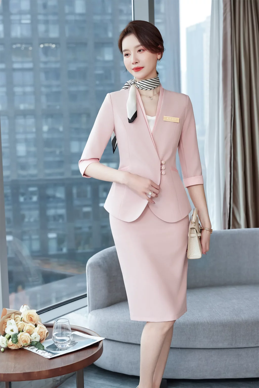 PN3938-2 ชุดสูททำงานผู้หญิงสีชมพู่ไม่แต่งปกแขนห้าส่วนมาพร้อมกระโปรง