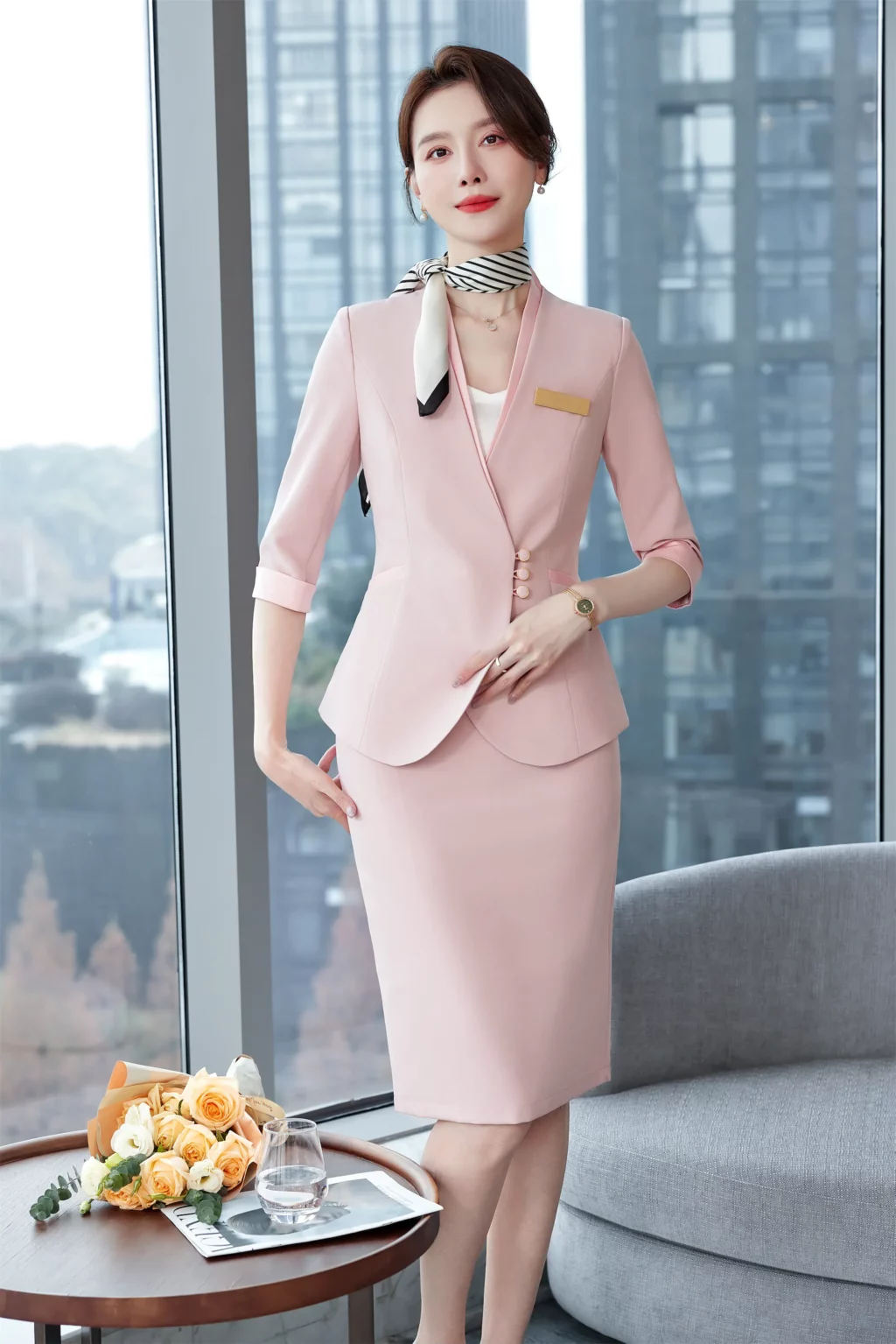 PN3938-6 ชุดสูททำงานผู้หญิงสีชมพู่ไม่แต่งปกแขนห้าส่วนมาพร้อมกระโปรง