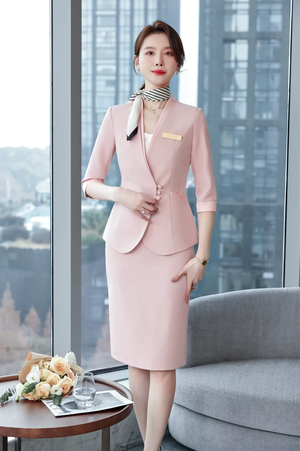 PN3938-7 ชุดสูททำงานผู้หญิงสีชมพู่ไม่แต่งปกแขนห้าส่วนมาพร้อมกระโปรง