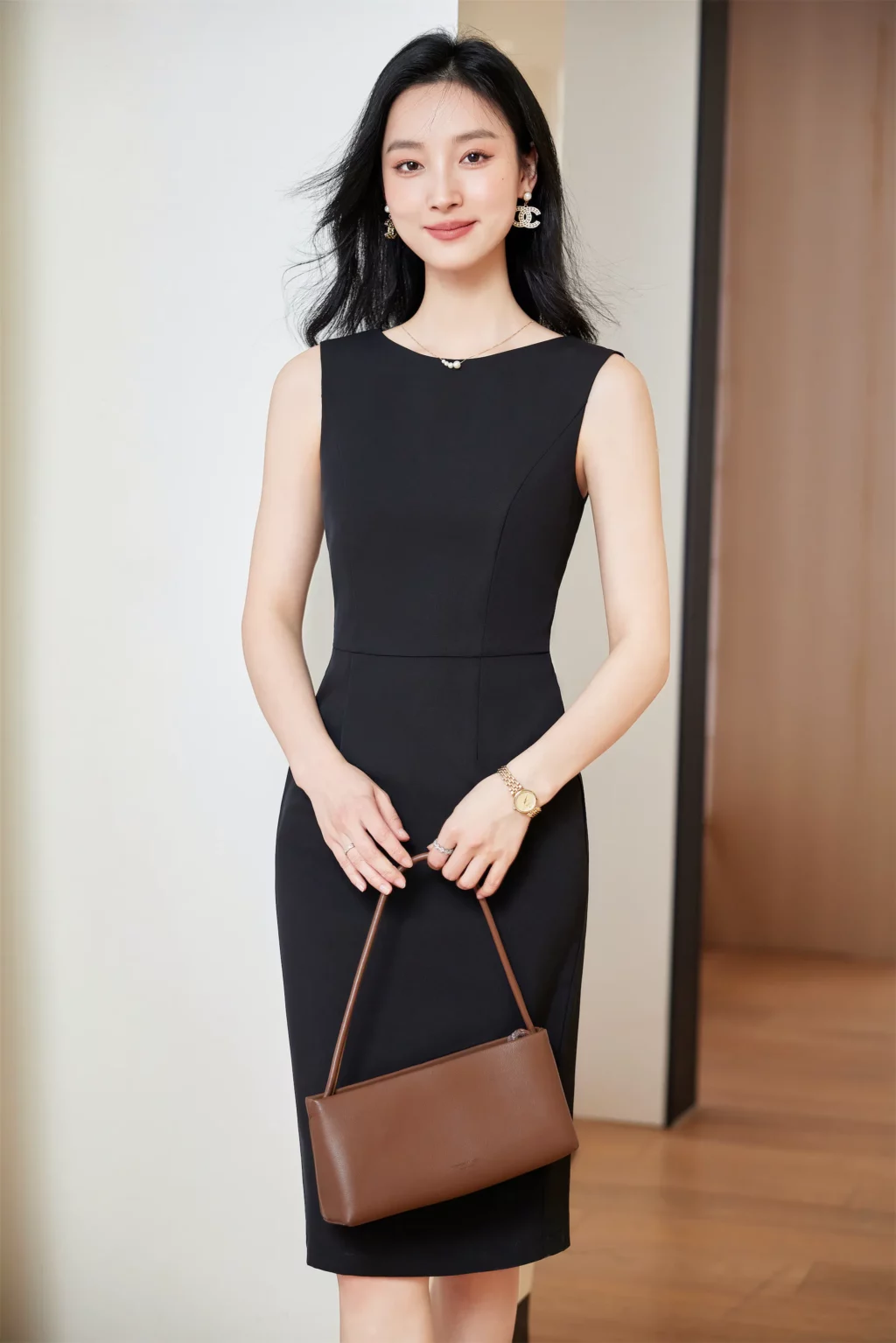 PN3940-9 ชุดสูททำงานผู้หญิงสีดำแขนห้าส่วนมาพร้อมเดรสดำผ่าหลัง