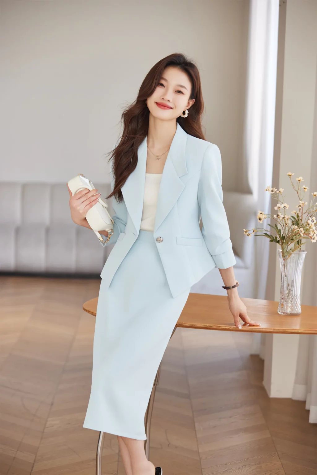 PN3955-5 ชุดสูททำงานผู้หญิงสีฟ้าปกป้านแขนยาวมาพร้อมกระโปรงยาว