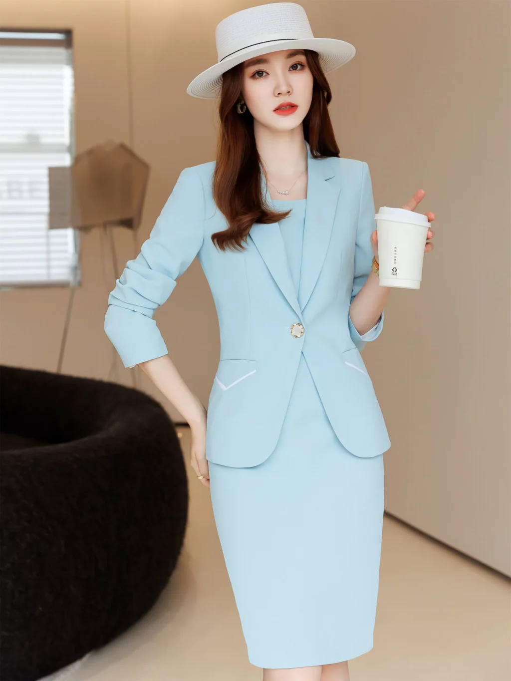 PN3958-1 ชุดสูททำงานผู้หญิงสีฟ้าแขนยาวมาพร้อมเดรส