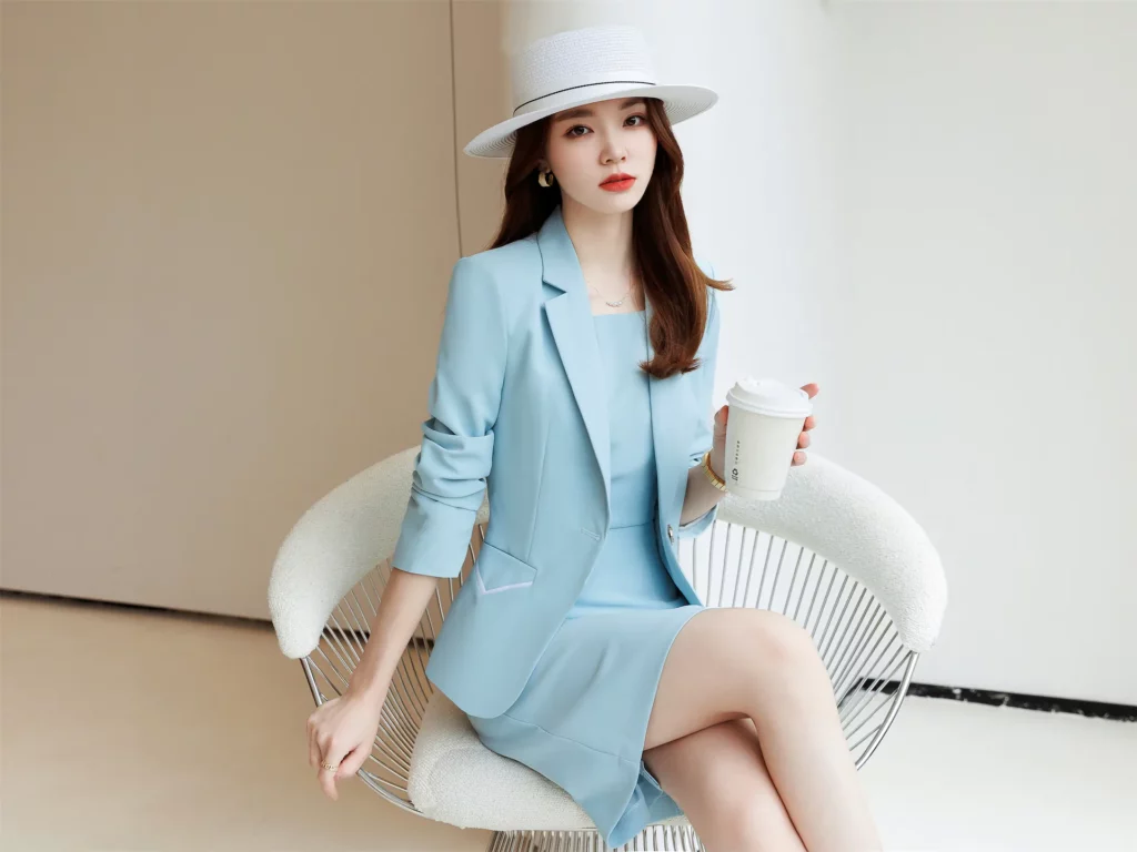 PN3958-3 ชุดสูททำงานผู้หญิงสีฟ้าแขนยาวมาพร้อมเดรส