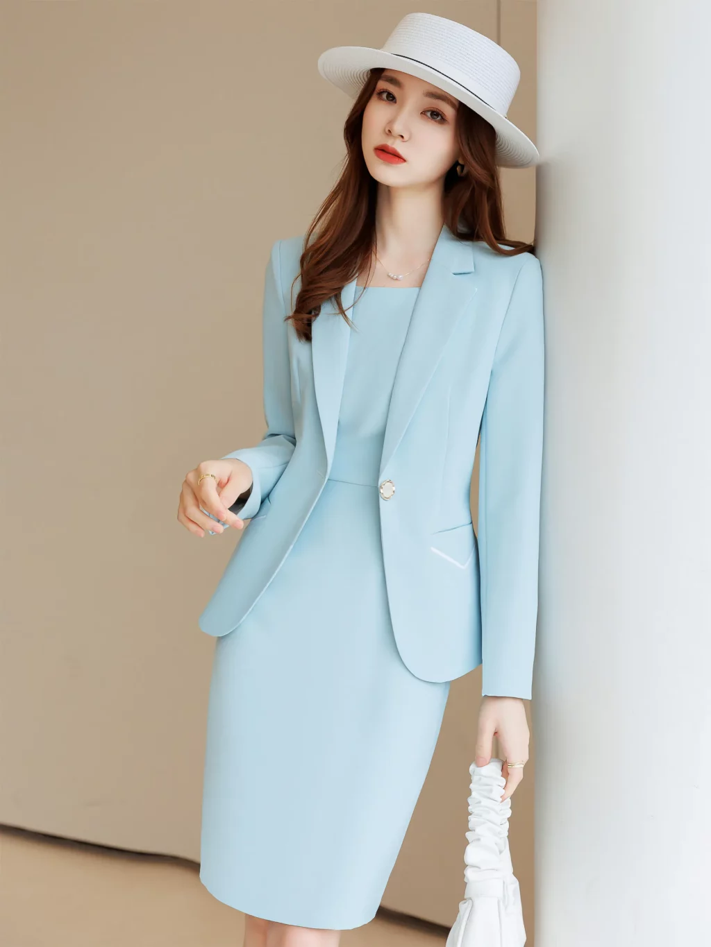 PN3958-5 ชุดสูททำงานผู้หญิงสีฟ้าแขนยาวมาพร้อมเดรส