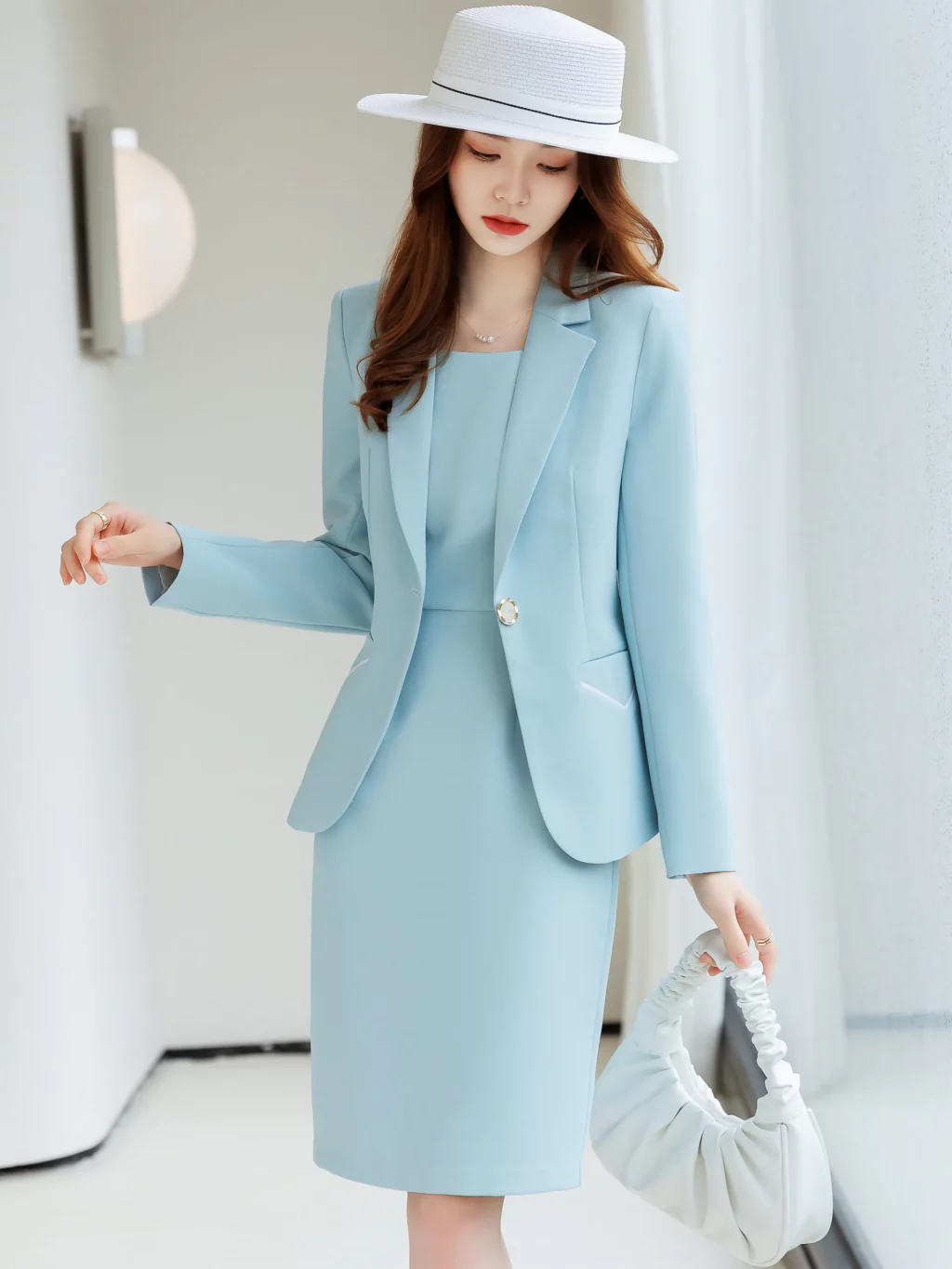 PN3958-6 ชุดสูททำงานผู้หญิงสีฟ้าแขนยาวมาพร้อมเดรส