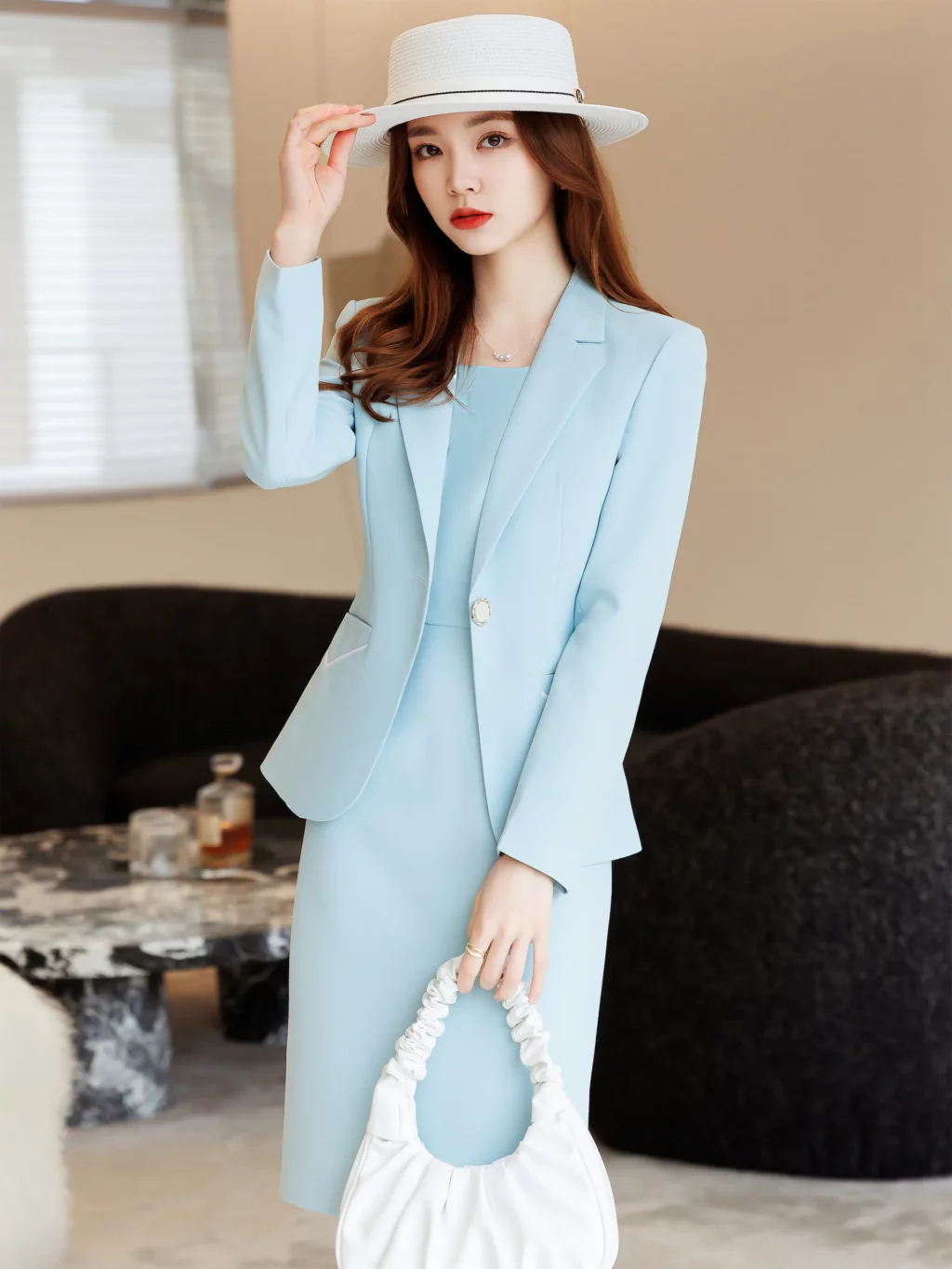 PN3958-8 ชุดสูททำงานผู้หญิงสีฟ้าแขนยาวมาพร้อมเดรส