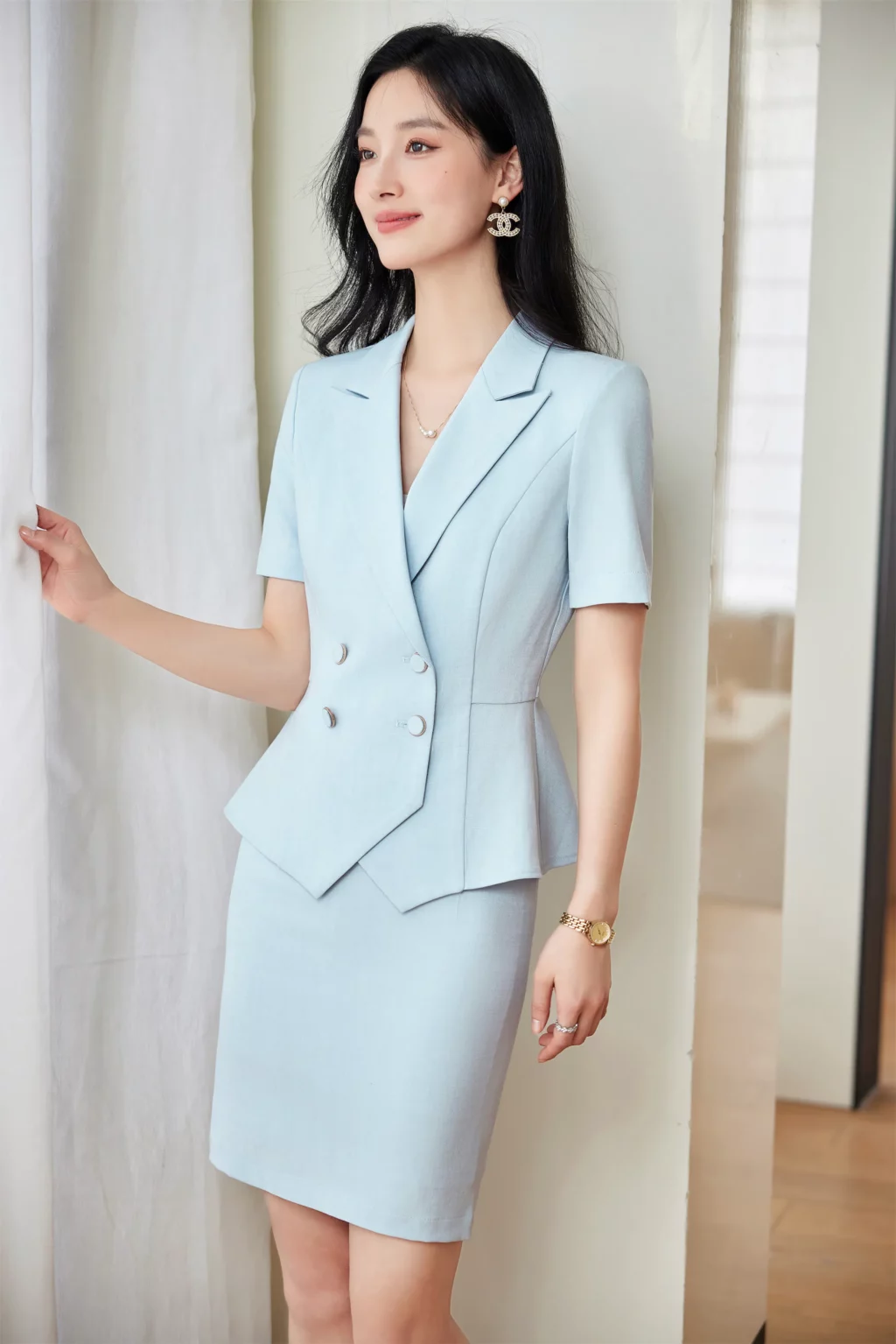 PN3967-2 ชุดสูททำงานผู้หญิงสีฟ้าแต่งกระดุมแขนสั้นพร้อมกระโปรง