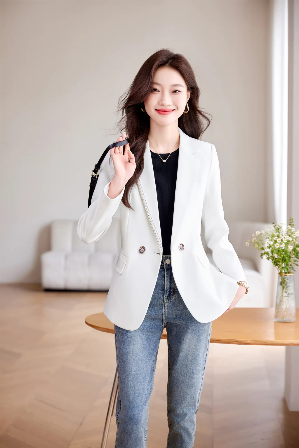 PN3990-1 เสื้อสูทเบลเซอร์ทำงานผู้หญิงสีขาวแต่งปกแขนยาว