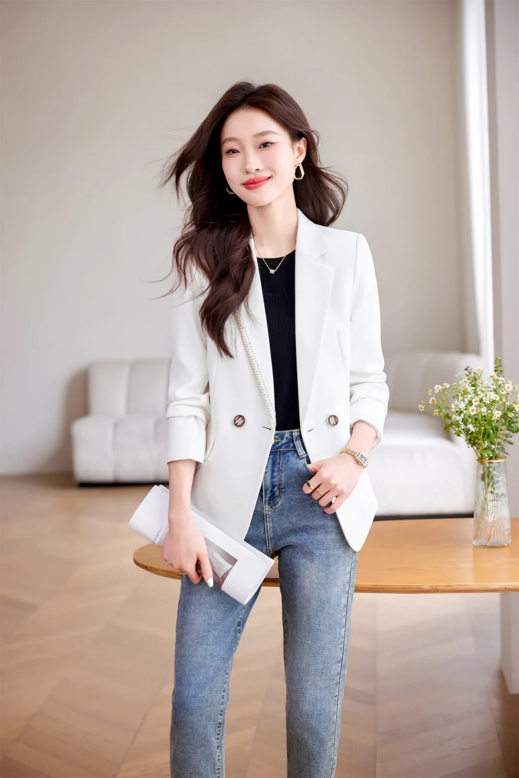 PN3990-2 เสื้อสูทเบลเซอร์ทำงานผู้หญิงสีขาวแต่งปกแขนยาว