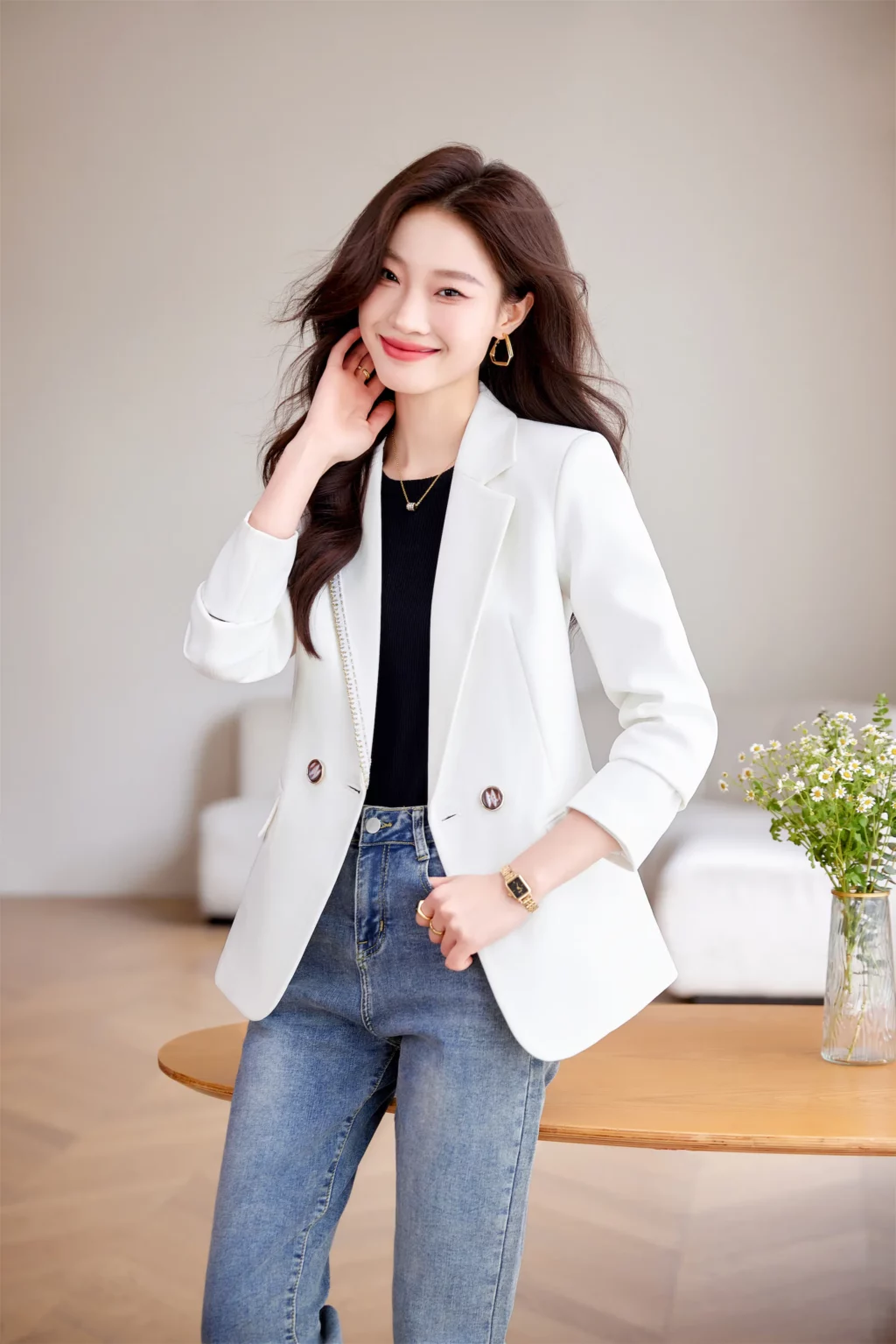 PN3990-3 เสื้อสูทเบลเซอร์ทำงานผู้หญิงสีขาวแต่งปกแขนยาว