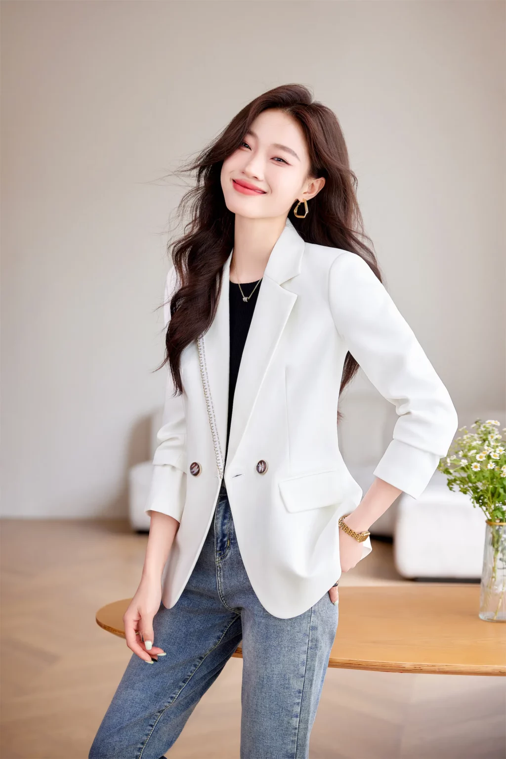 PN3990-4 เสื้อสูทเบลเซอร์ทำงานผู้หญิงสีขาวแต่งปกแขนยาว