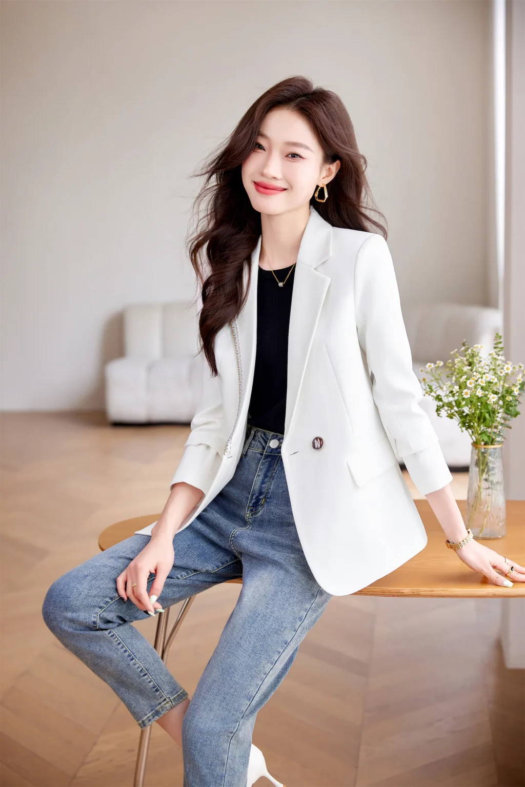 PN3990-5 เสื้อสูทเบลเซอร์ทำงานผู้หญิงสีขาวแต่งปกแขนยาว