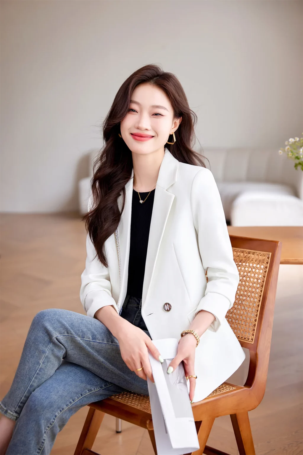 PN3990-6 เสื้อสูทเบลเซอร์ทำงานผู้หญิงสีขาวแต่งปกแขนยาว