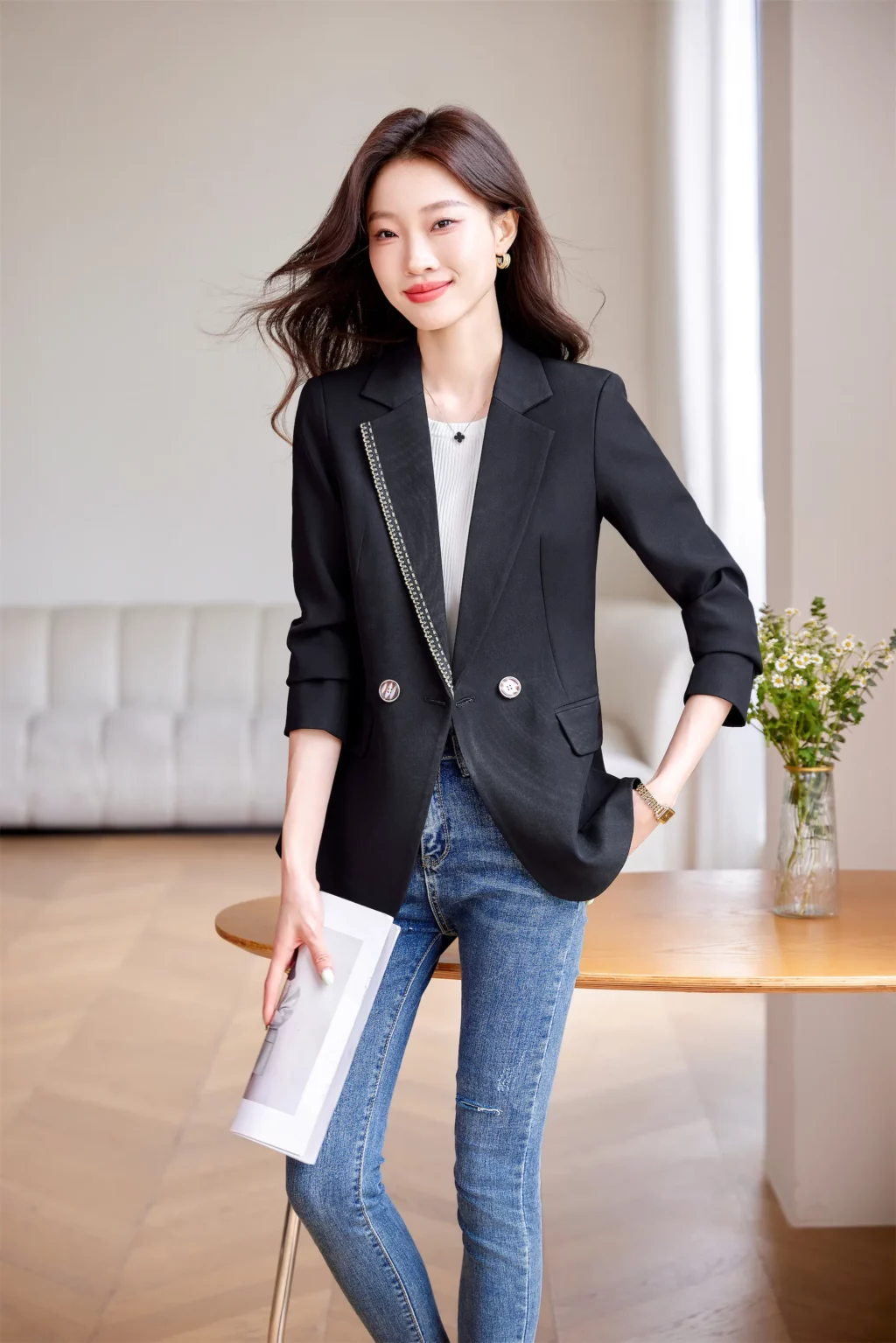 PN3991-2 เสื้อสูทเบลเซอร์ทำงานผู้หญิงสีดำแต่งปกแขนยาว