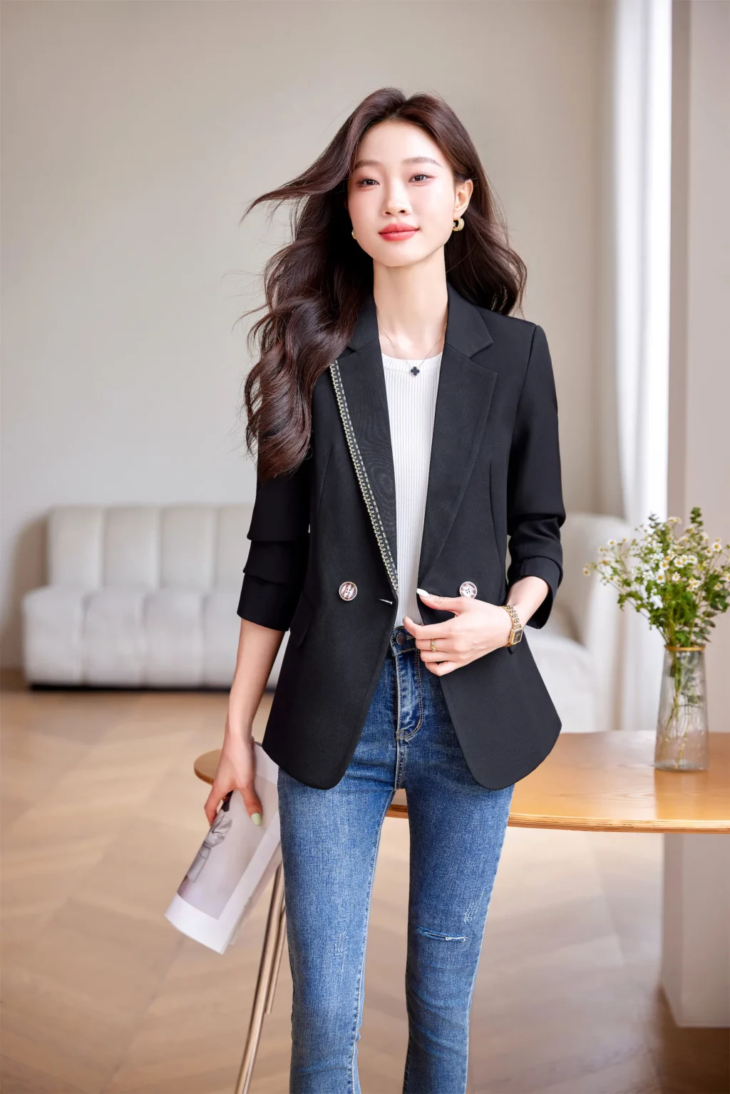 PN3991-3 เสื้อสูทเบลเซอร์ทำงานผู้หญิงสีดำแต่งปกแขนยาว