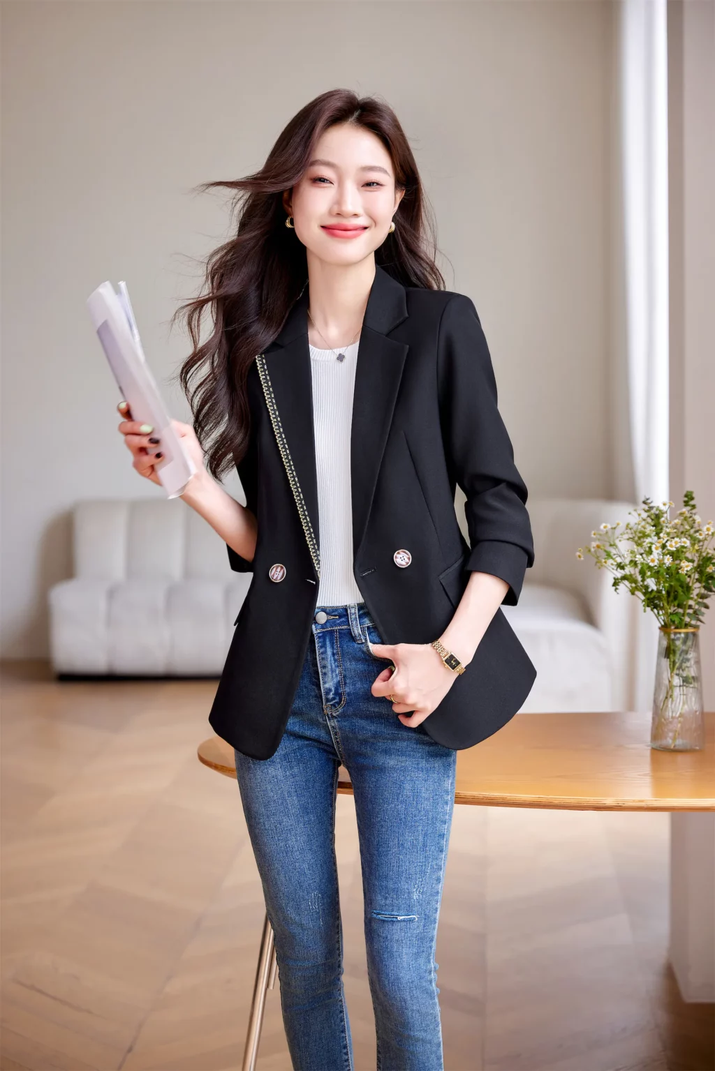 PN3991-4 เสื้อสูทเบลเซอร์ทำงานผู้หญิงสีดำแต่งปกแขนยาว