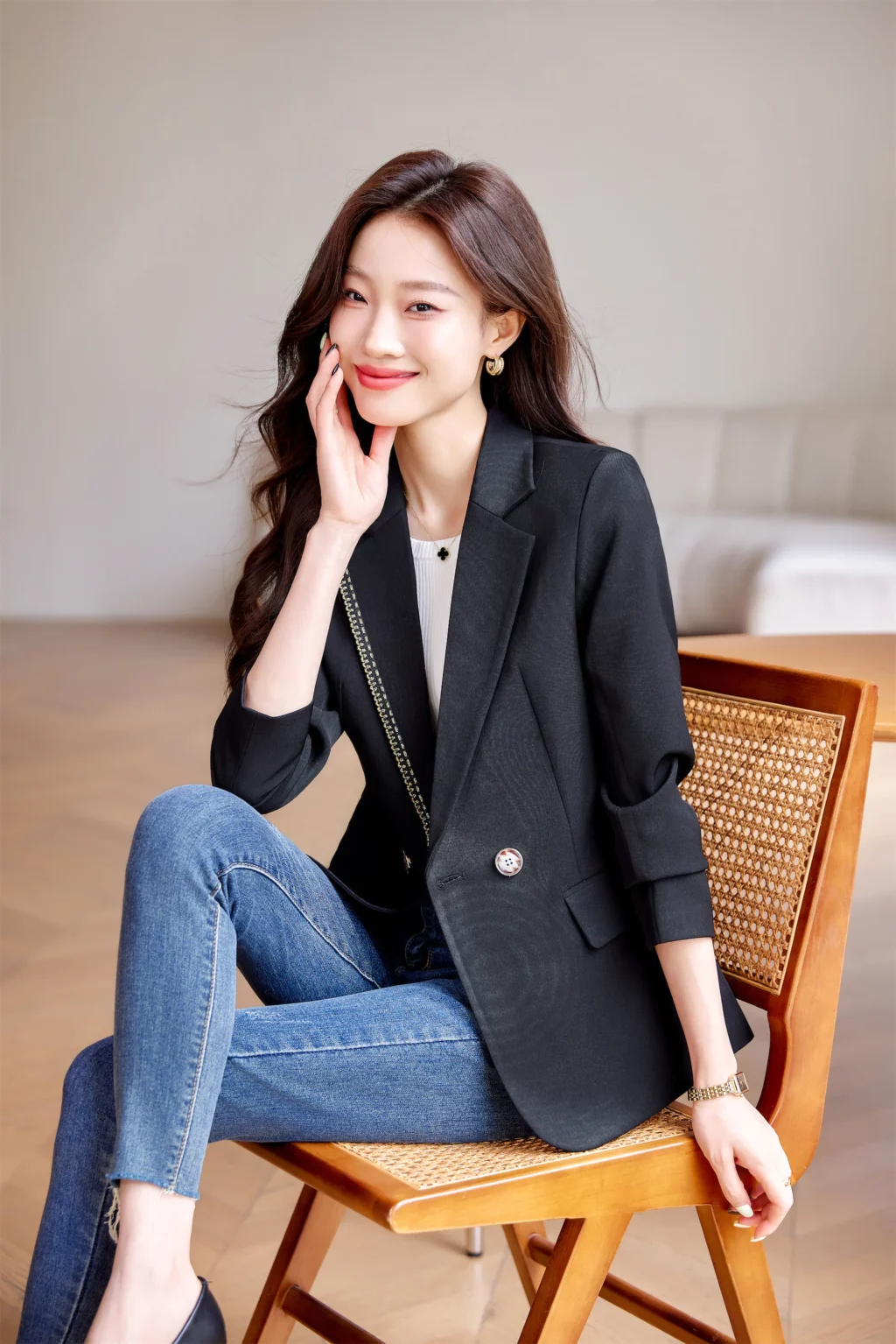 PN3991-7 เสื้อสูทเบลเซอร์ทำงานผู้หญิงสีดำแต่งปกแขนยาว