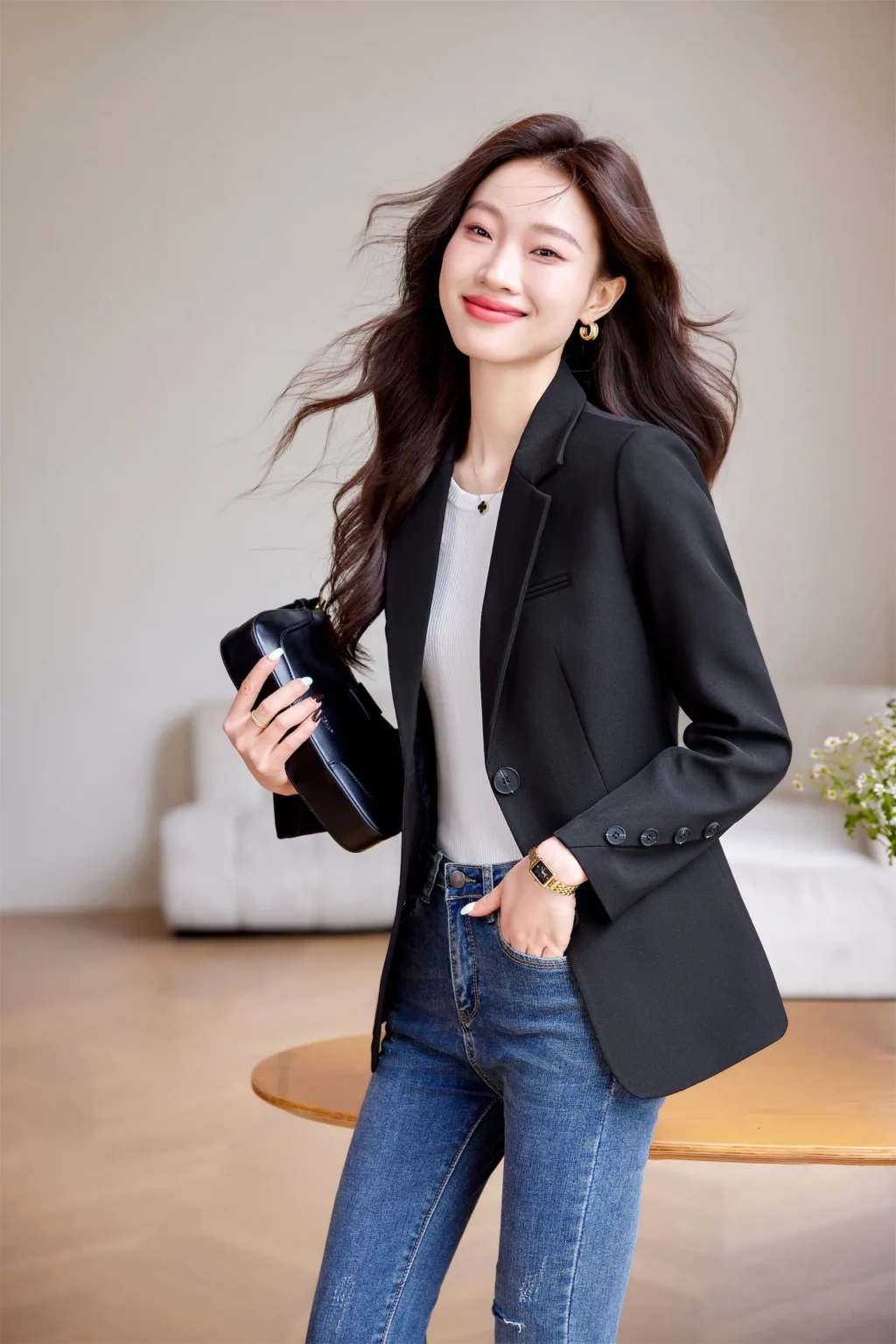 PN3993-1 เสื้อสูทเบลเซอร์ทำงานผู้หญิงสีดำปกป้านแต่งกระดุมปลายแขน