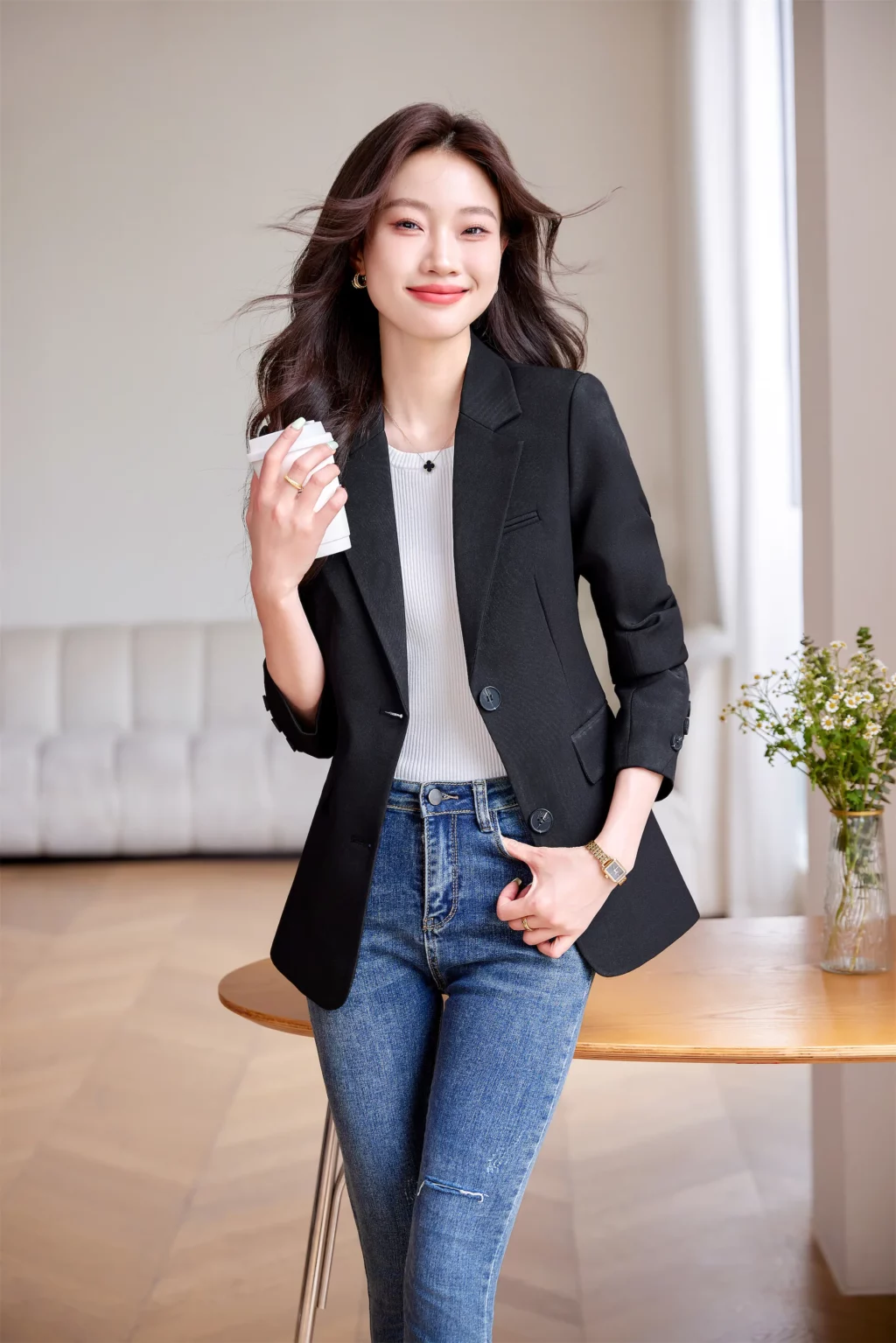 PN3993-3 เสื้อสูทเบลเซอร์ทำงานผู้หญิงสีดำปกป้านแต่งกระดุมปลายแขน