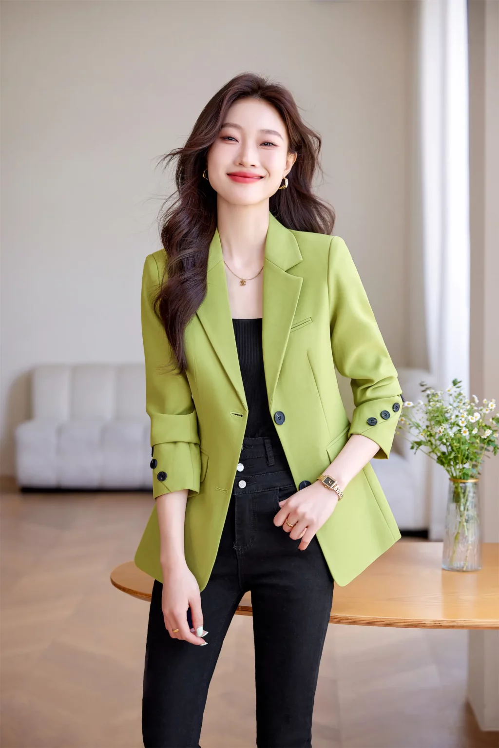 PN3994-1 เสื้อสูทเบลเซอร์ทำงานผู้หญิงสีเขียวปกป้านแต่งกระดุมปลายแขน