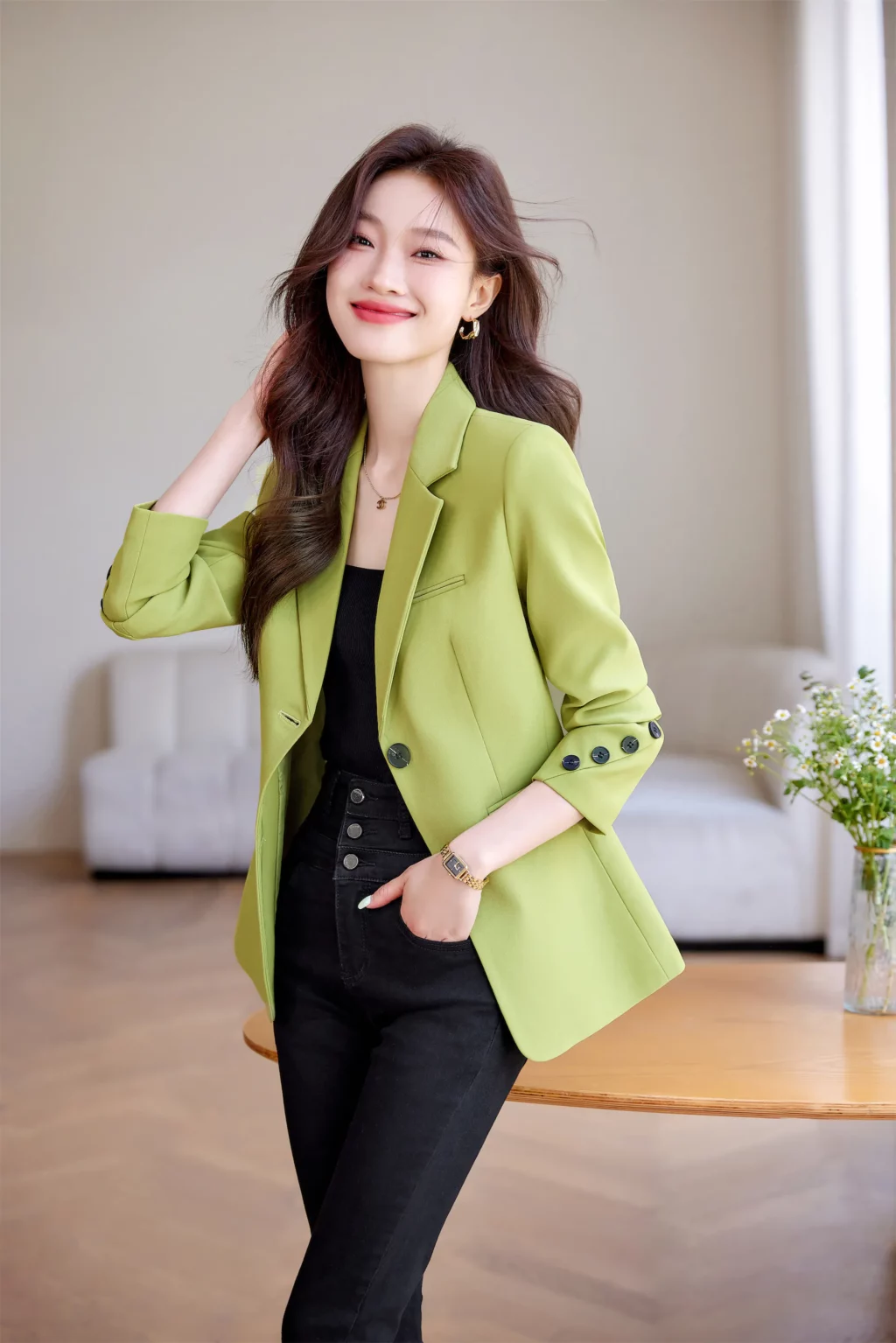 PN3994-2 เสื้อสูทเบลเซอร์ทำงานผู้หญิงสีเขียวปกป้านแต่งกระดุมปลายแขน