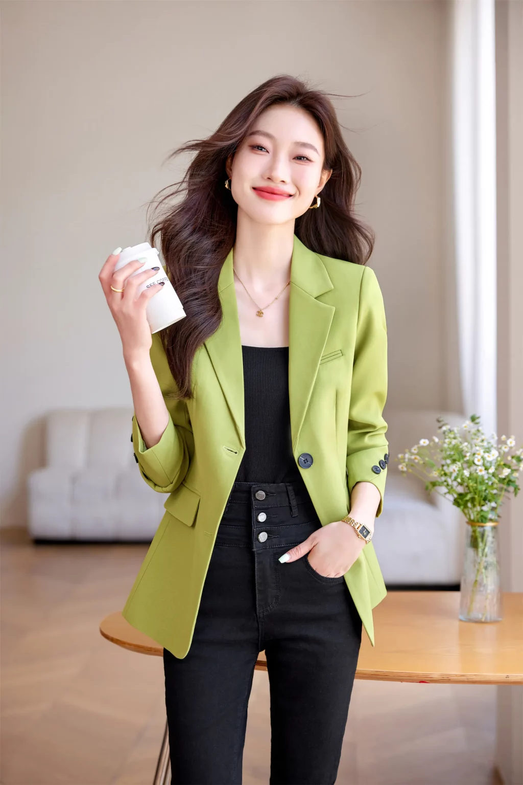 PN3994-4 เสื้อสูทเบลเซอร์ทำงานผู้หญิงสีเขียวปกป้านแต่งกระดุมปลายแขน