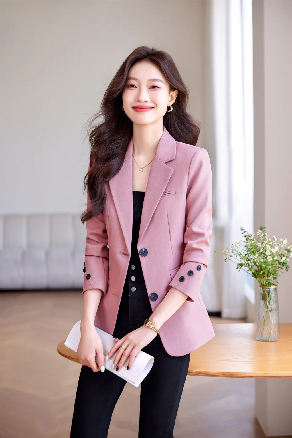 PN3995-2 เสื้อสูทเบลเซอร์ทำงานผู้หญิงสีชมพูปกป้านแต่งกระดุมปลายแขน
