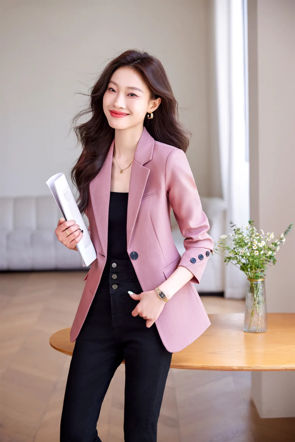 PN3995-3 เสื้อสูทเบลเซอร์ทำงานผู้หญิงสีชมพูปกป้านแต่งกระดุมปลายแขน