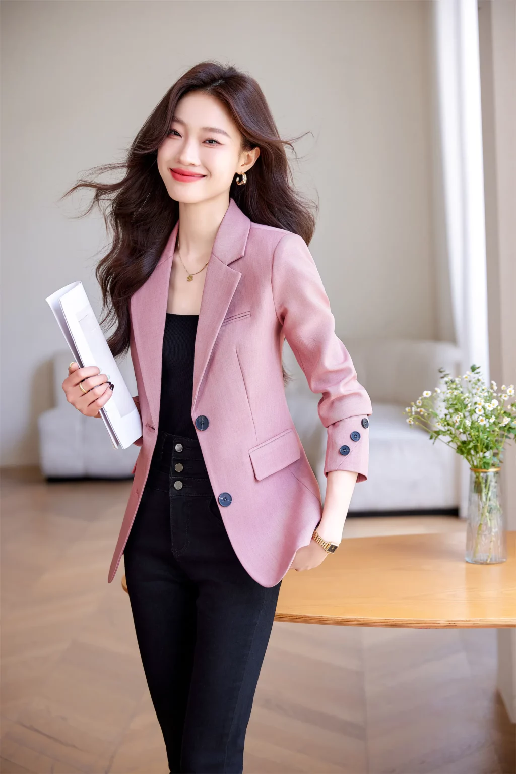 PN3995-4 เสื้อสูทเบลเซอร์ทำงานผู้หญิงสีชมพูปกป้านแต่งกระดุมปลายแขน