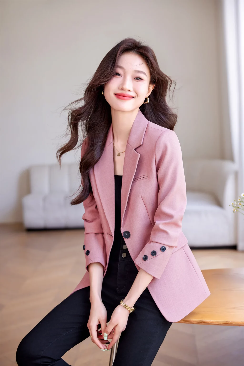 PN3995-7 เสื้อสูทเบลเซอร์ทำงานผู้หญิงสีชมพูปกป้านแต่งกระดุมปลายแขน
