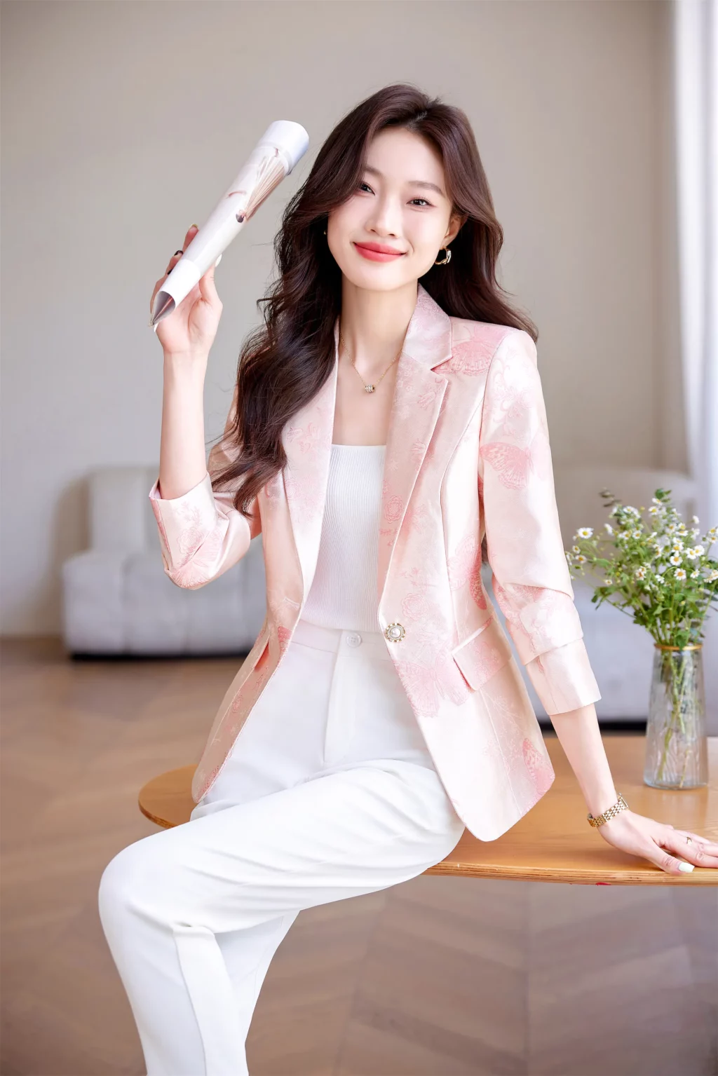 PN4000-7 เสื้อสูทเบลเซอร์ทำงานผู้หญิงสีชมพูปกป้านแต่งลายดอกไม้