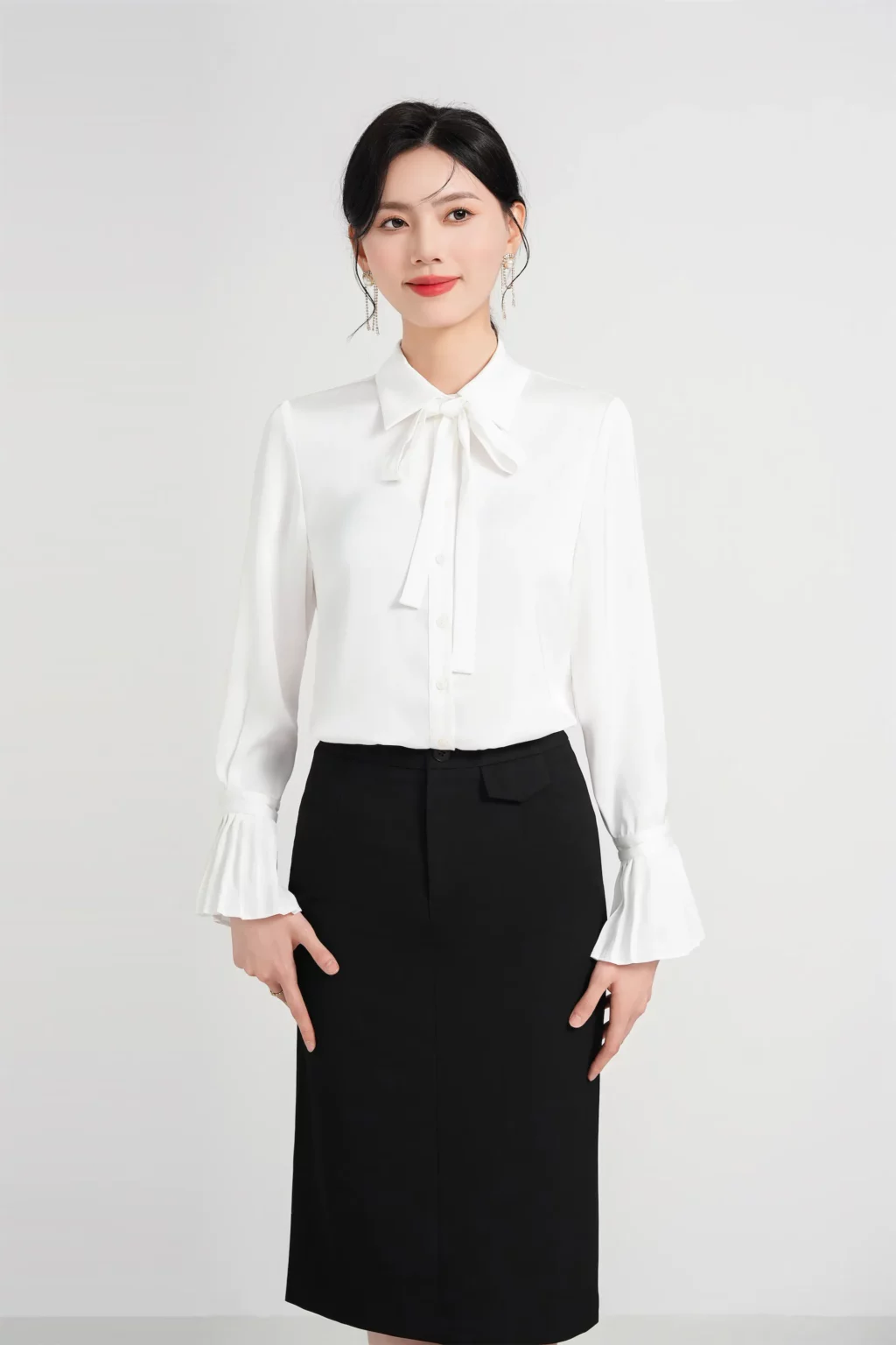 PN4010-1 เสื้อเชิ้ตทำงานผู้หญิงสีขาวคอปกโบว์แขนยาวแต่งปลายแขนจับจีบ