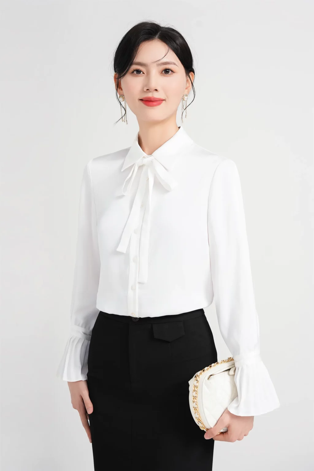 PN4010-2 เสื้อเชิ้ตทำงานผู้หญิงสีขาวคอปกโบว์แขนยาวแต่งปลายแขนจับจีบ
