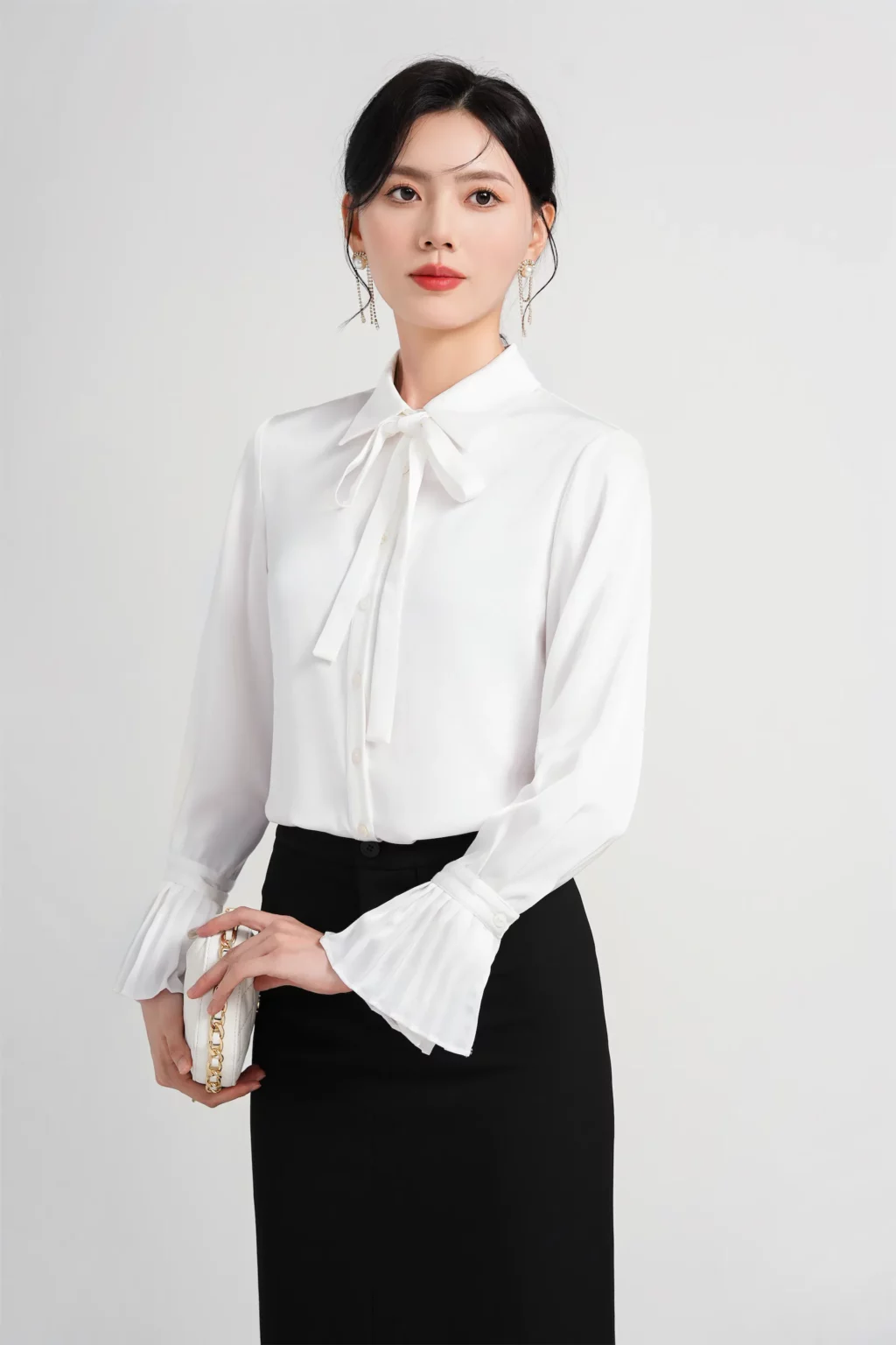 PN4010-3 เสื้อเชิ้ตทำงานผู้หญิงสีขาวคอปกโบว์แขนยาวแต่งปลายแขนจับจีบ