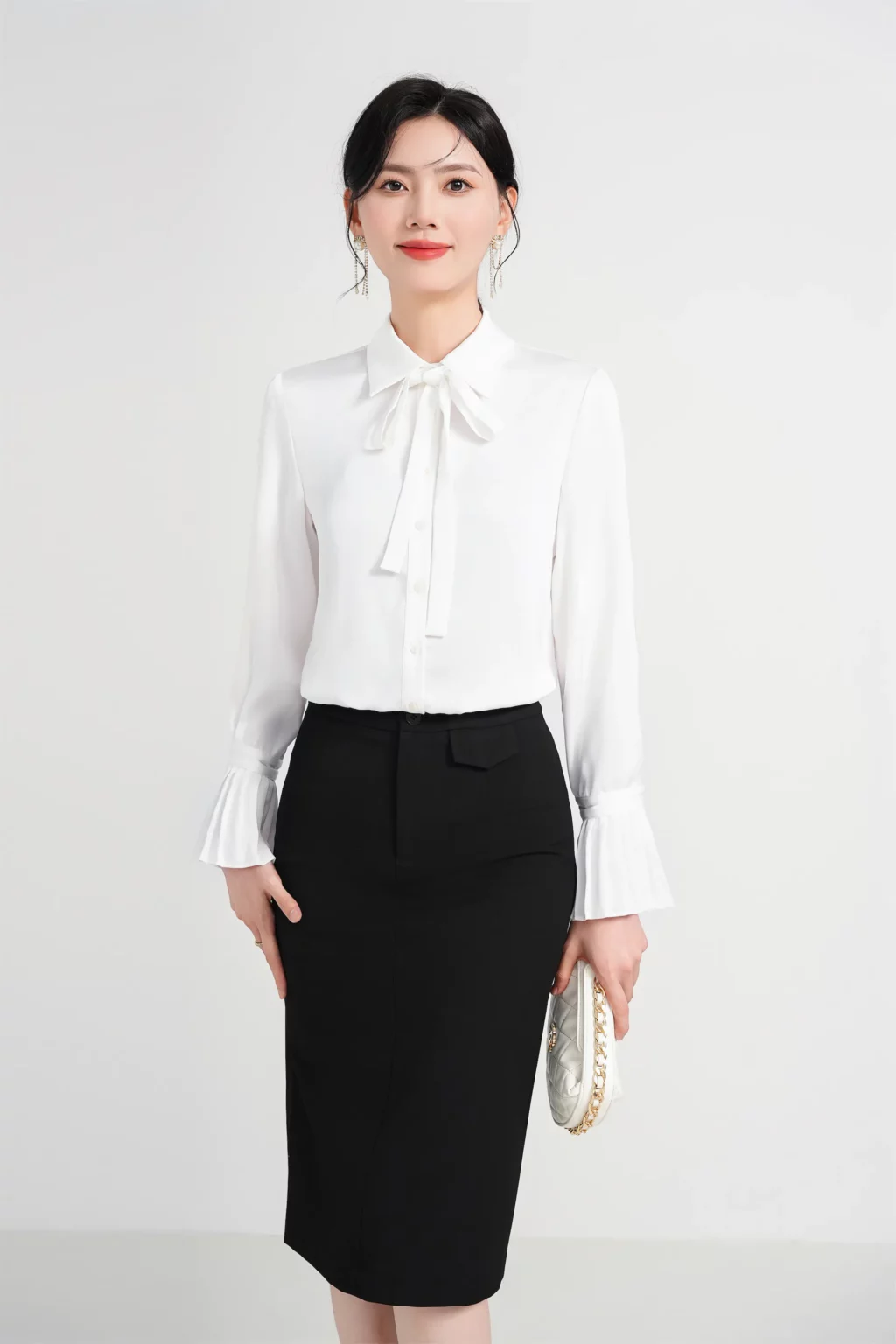 PN4010-5 เสื้อเชิ้ตทำงานผู้หญิงสีขาวคอปกโบว์แขนยาวแต่งปลายแขนจับจีบ