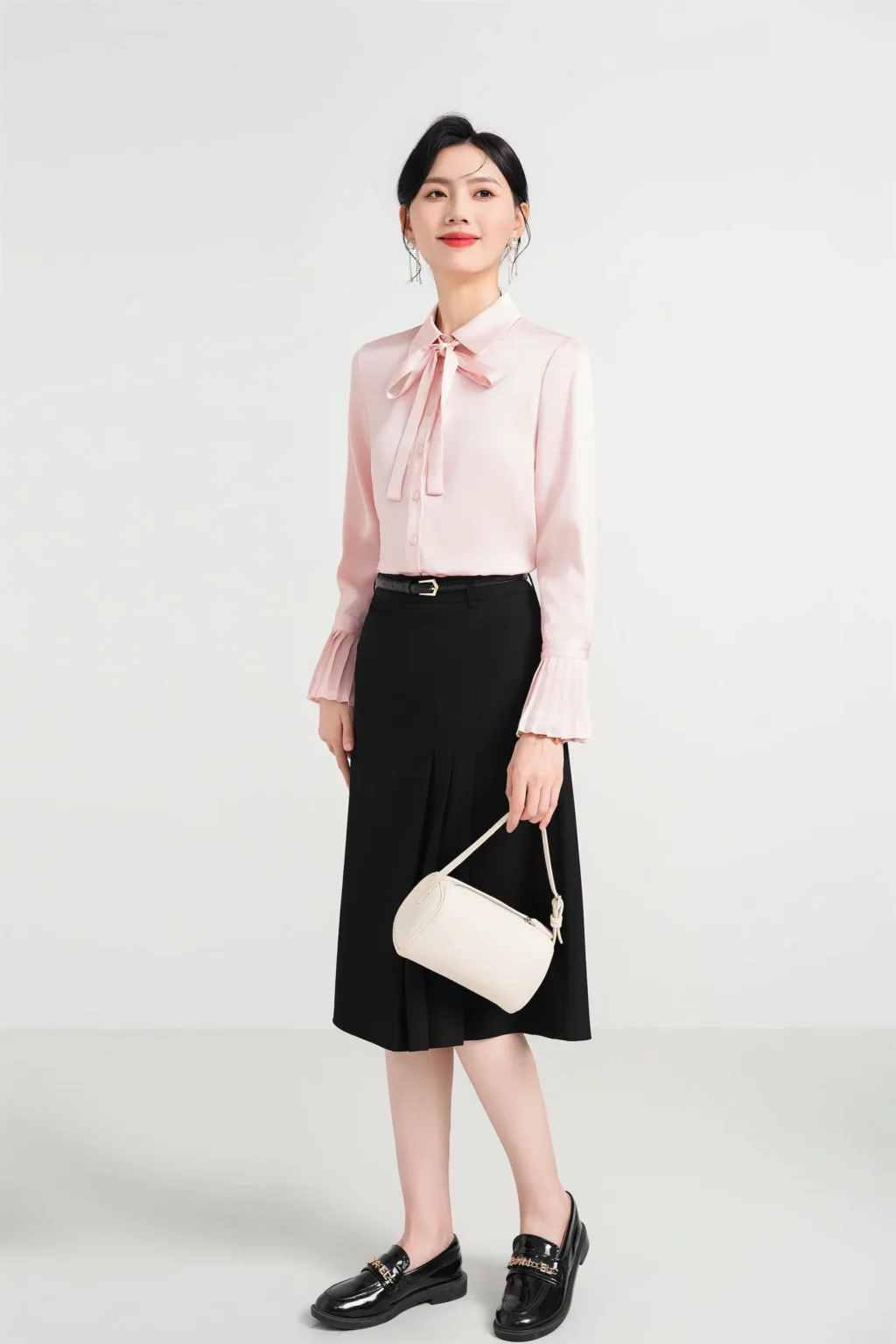 PN4011-2 เสื้อเชิ้ตทำงานผู้หญิงสีชมพูคอปกโบว์แขนยาวแต่งปลายแขนจับจีบ
