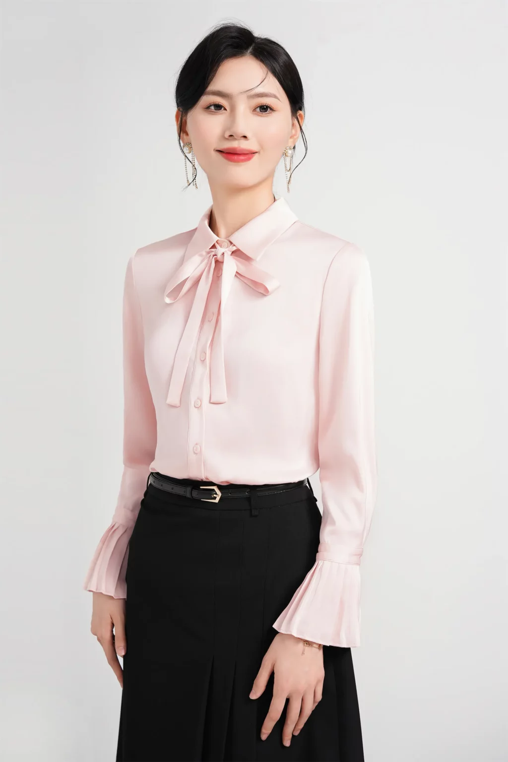 PN4011-7 เสื้อเชิ้ตทำงานผู้หญิงสีชมพูคอปกโบว์แขนยาวแต่งปลายแขนจับจีบ