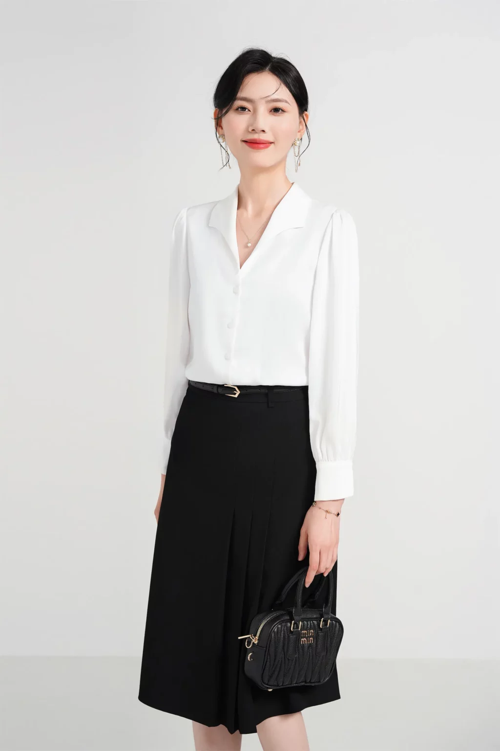 PN4013-2 เสื้อเชิ้ตทำงานผู้หญิงสีขาวแต่งคอปกวีแขนยาว