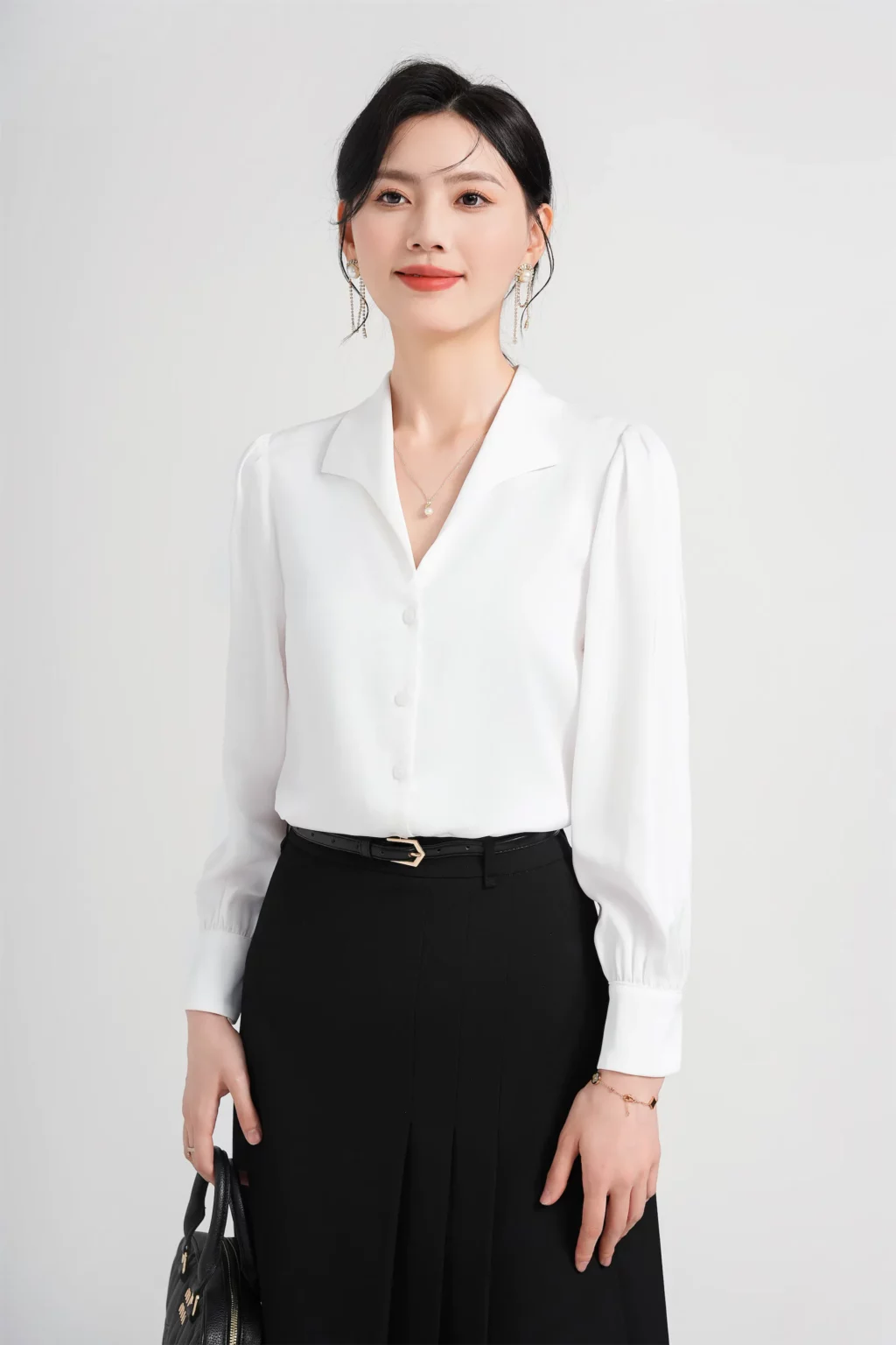 PN4013-4 เสื้อเชิ้ตทำงานผู้หญิงสีขาวแต่งคอปกวีแขนยาว