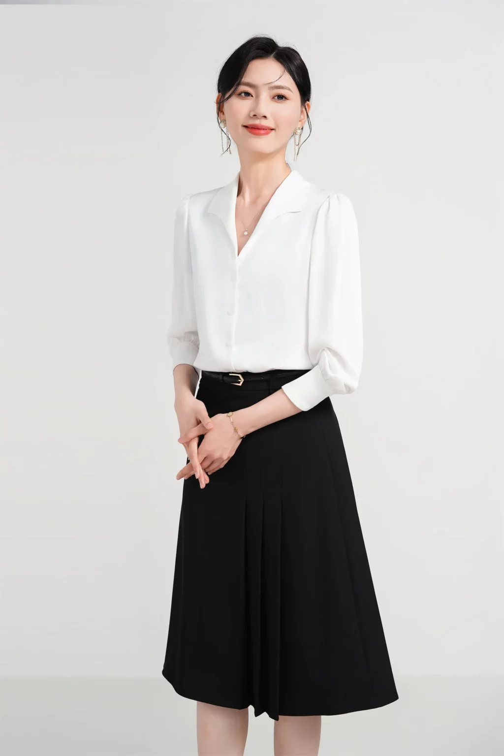 PN4013-5 เสื้อเชิ้ตทำงานผู้หญิงสีขาวแต่งคอปกวีแขนยาว