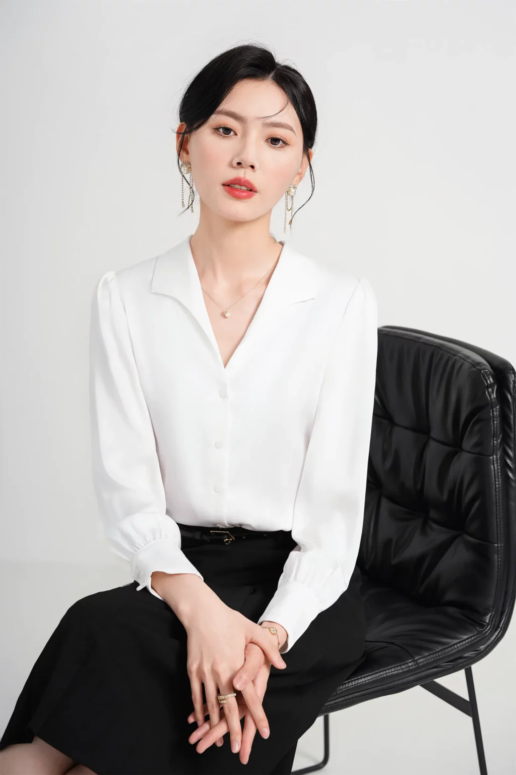 PN4013-8 เสื้อเชิ้ตทำงานผู้หญิงสีขาวแต่งคอปกวีแขนยาว