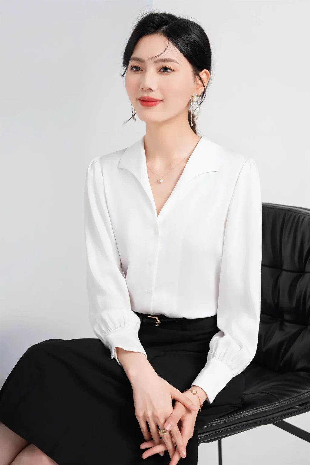PN4013-9 เสื้อเชิ้ตทำงานผู้หญิงสีขาวแต่งคอปกวีแขนยาว