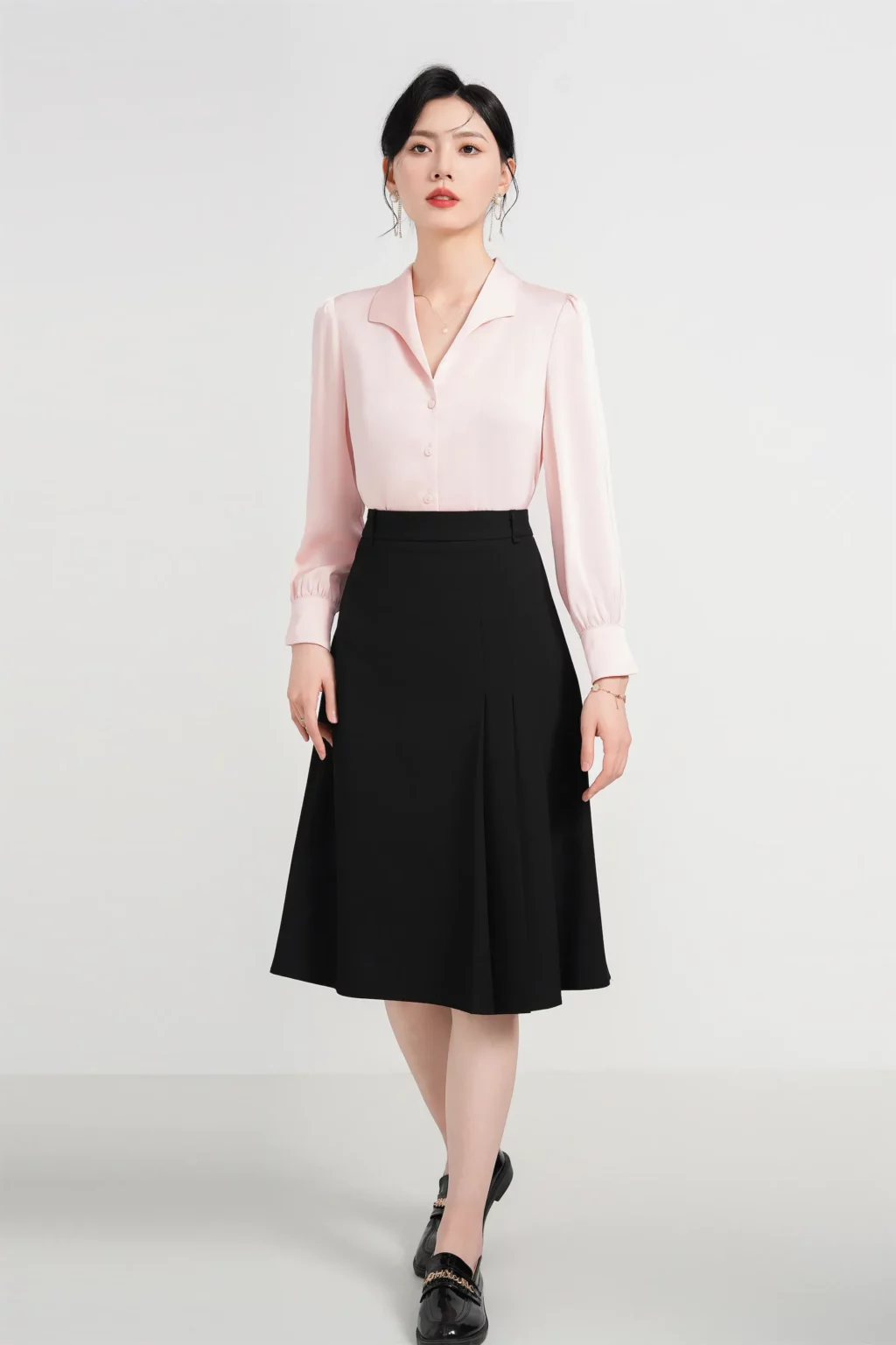 PN4014-1 เสื้อเชิ้ตทำงานผู้หญิงสีชมพูแต่งคอปกวีแขนยาว