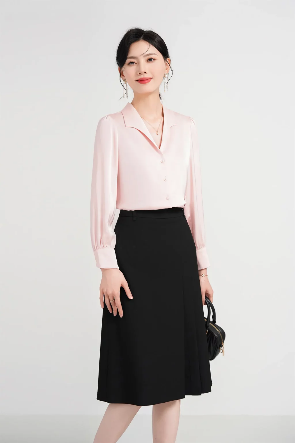 PN4014-2 เสื้อเชิ้ตทำงานผู้หญิงสีชมพูแต่งคอปกวีแขนยาว