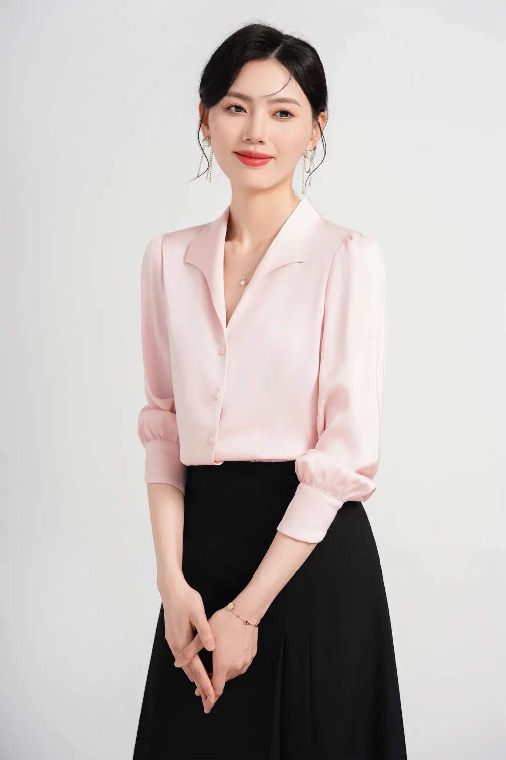 PN4014-6 เสื้อเชิ้ตทำงานผู้หญิงสีชมพูแต่งคอปกวีแขนยาว