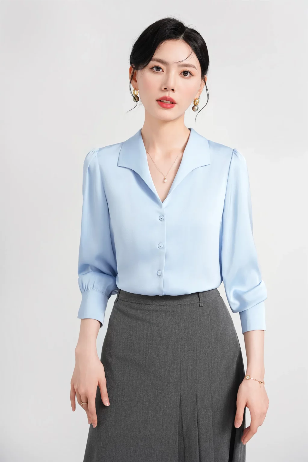 PN4015-6 เสื้อเชิ้ตทำงานผู้หญิงสีฟ้าแต่งคอปกวีแขนยาว